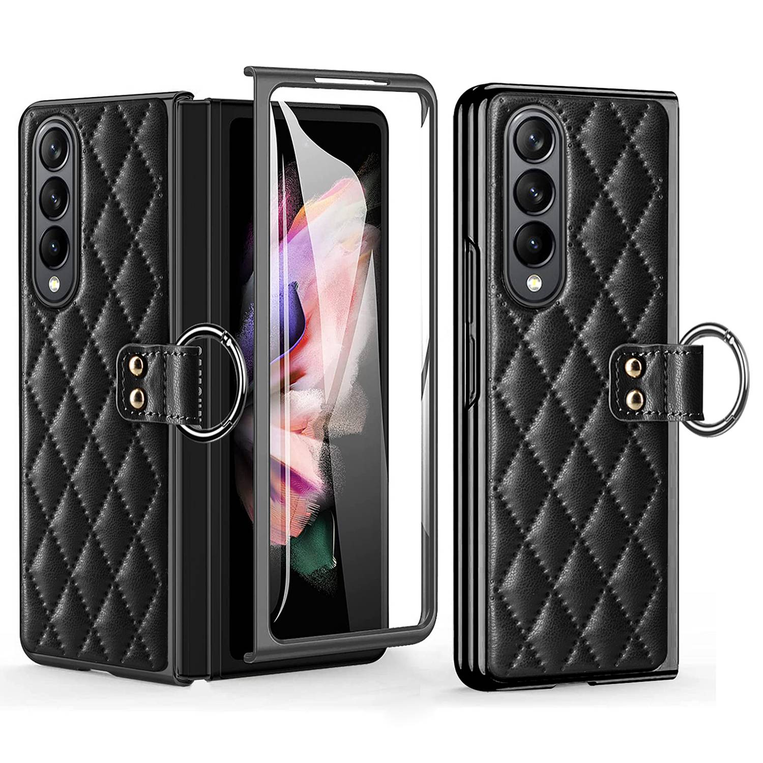 

For Samsung Galaxy Z Fold4 5G Finger Ring Design Rhombus Imprinted Anti-scratch Leather Coated PC Electroplating Case with Tempered Glass Screen Film - Black, Galaxy Z Fold4 5G