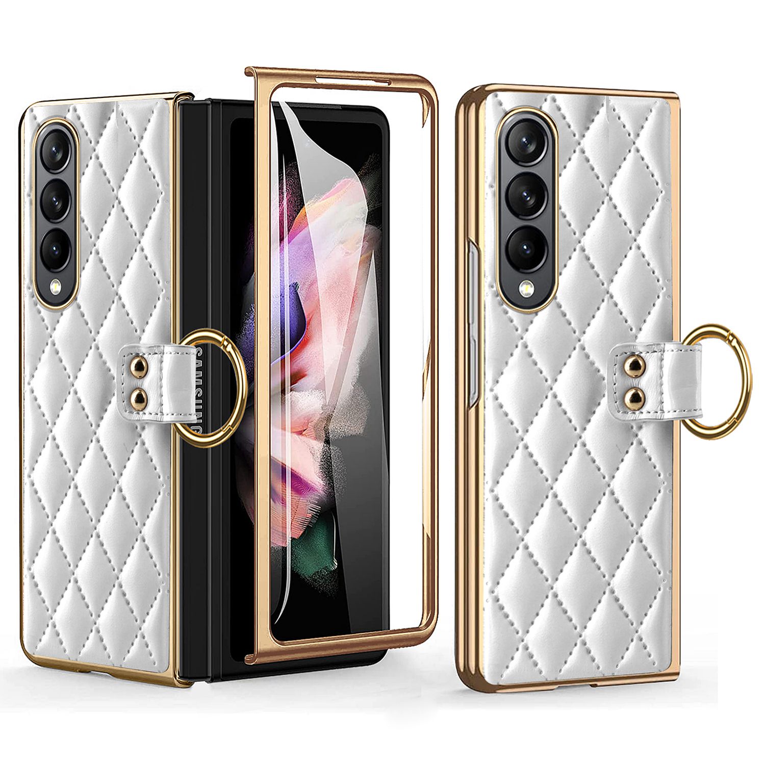 

For Samsung Galaxy Z Fold4 5G Finger Ring Design Rhombus Imprinted Anti-scratch Leather Coated PC Electroplating Case with Tempered Glass Screen Film - White, Galaxy Z Fold4 5G
