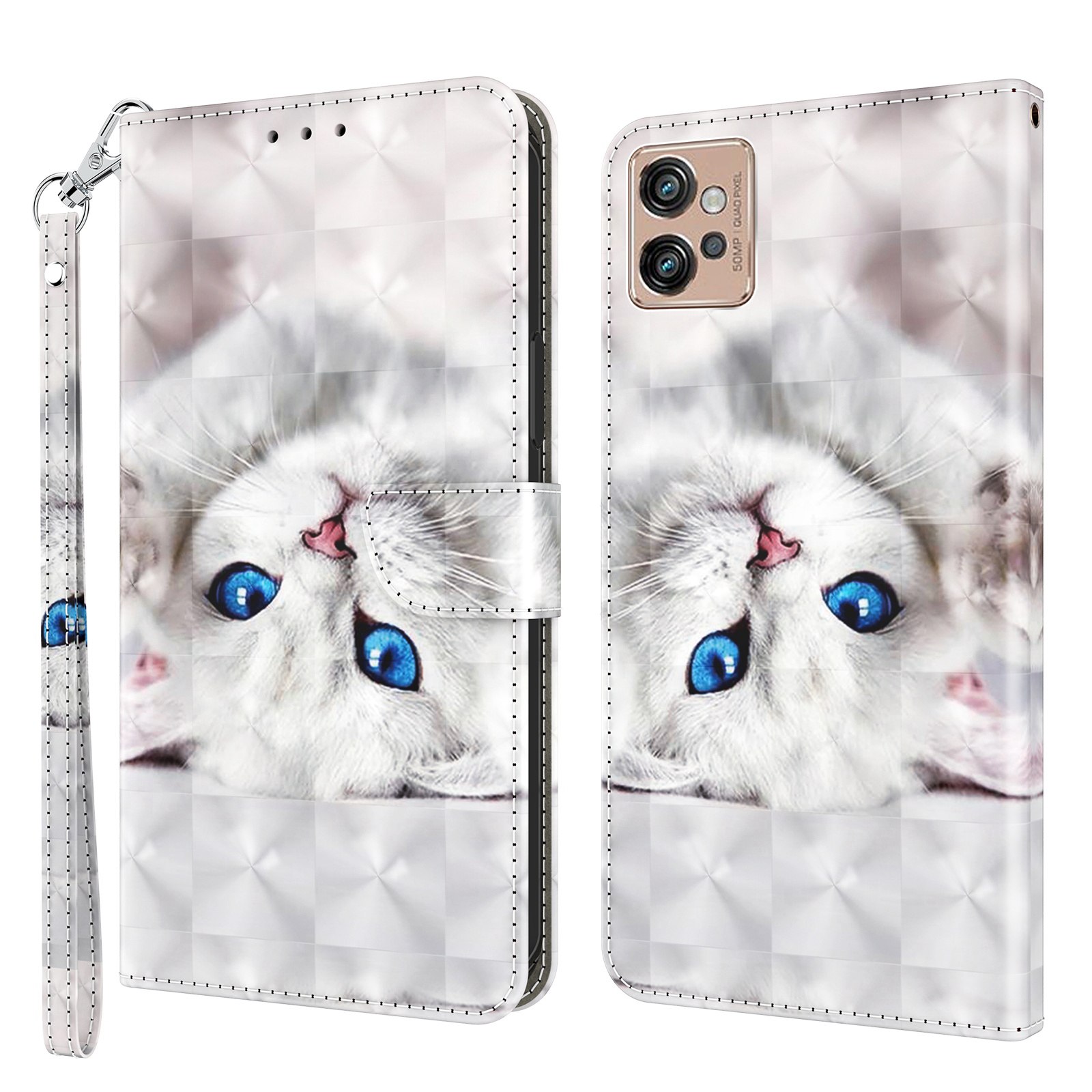 

3d-musterdruckphase Für Motorola Moto G32 4G, Kratzfeste PU Leder-telefonschale Flip Wallet-ständer Abdeckung - Weiße Katze, Motorola Moto G32 4G