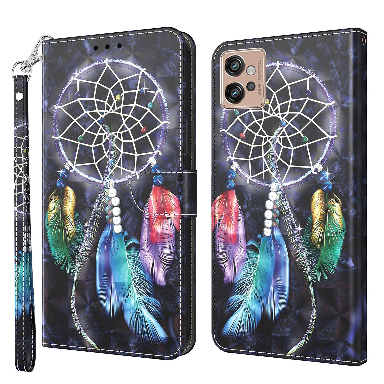 

3d-musterdruckphase Für Motorola Moto G32 4G, Kratzfeste PU Leder-telefonschale Flip Wallet-ständer Abdeckung - Farbiger Traumfänger, Motorola Moto G32 4G