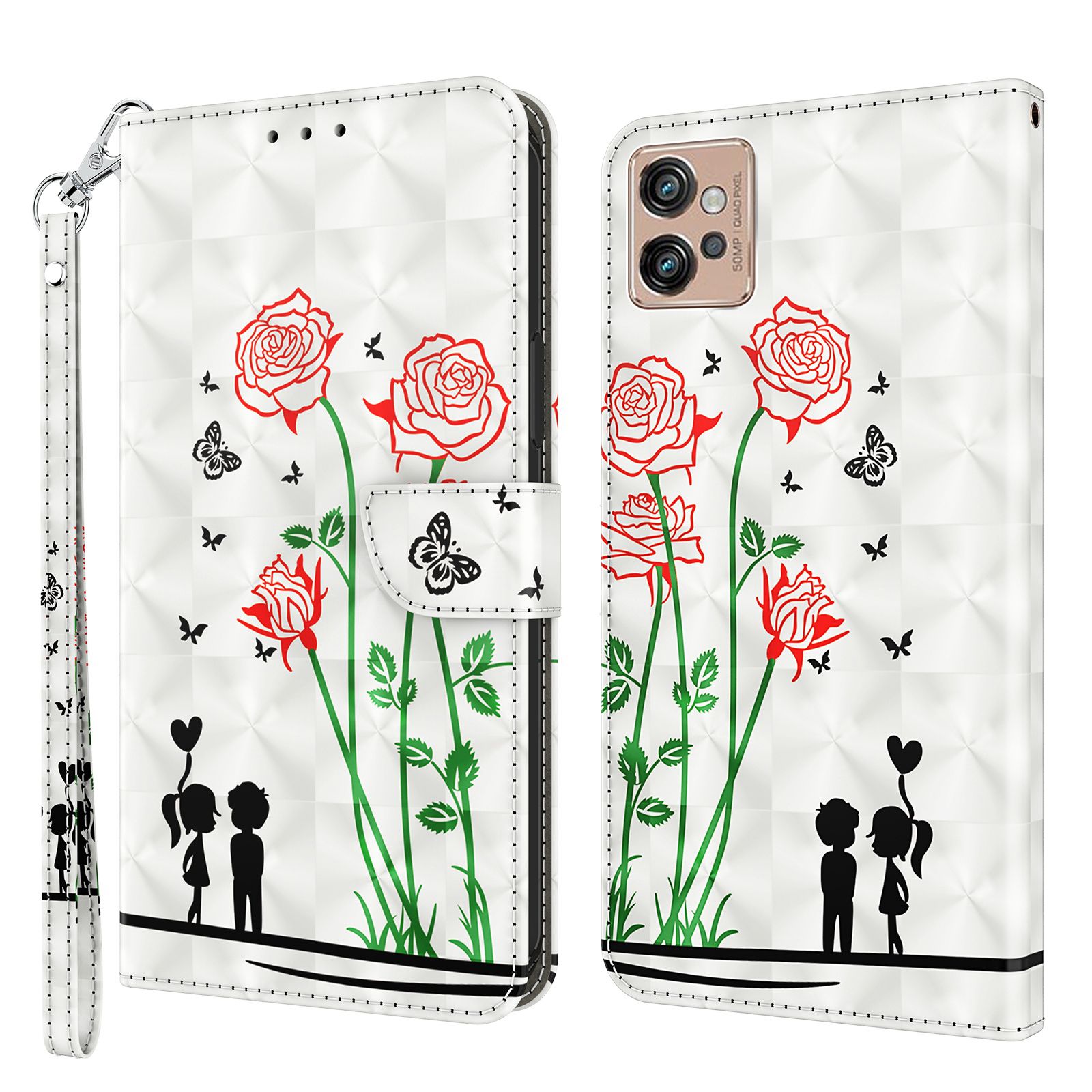 

3d-musterdruckphase Für Motorola Moto G32 4G, Kratzfeste PU Leder-telefonschale Flip Wallet-ständer Abdeckung - Paar Rosen, Motorola Moto G32 4G