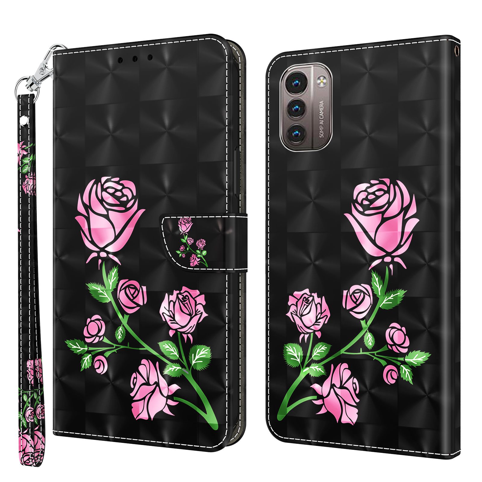 

Für Nokia G11 4g / G21 4G Flip Wallet Phone Hülle PU Leder 3D Muster Druckständer Magnetische Verschlussabdeckung Mit Riemen - Rose, Nokia G11 4G