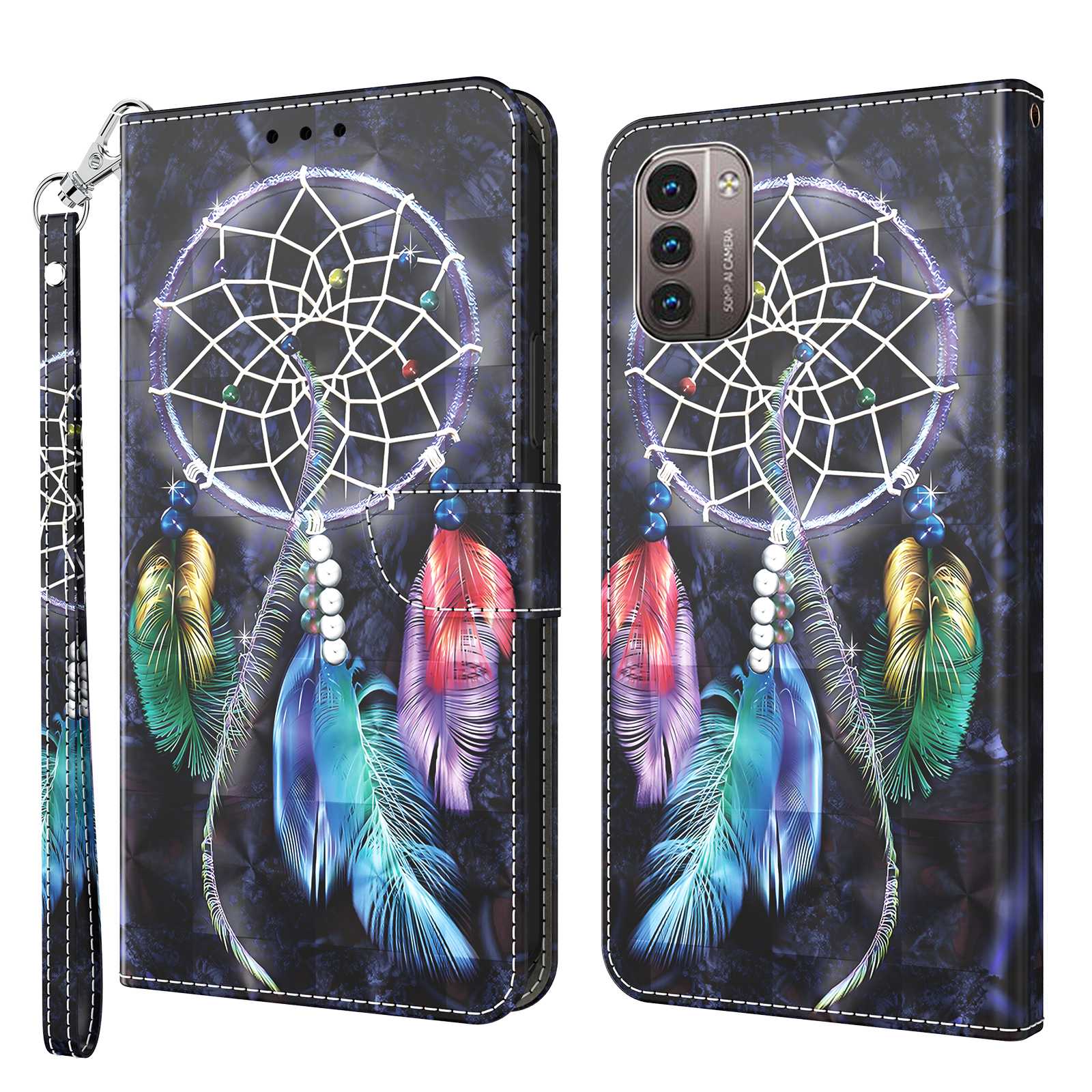 

Für Nokia G11 4g / G21 4G Flip Wallet Phone Hülle PU Leder 3D Muster Druckständer Magnetische Verschlussabdeckung Mit Riemen - Buntes Traumfänger, Nokia G11 4G