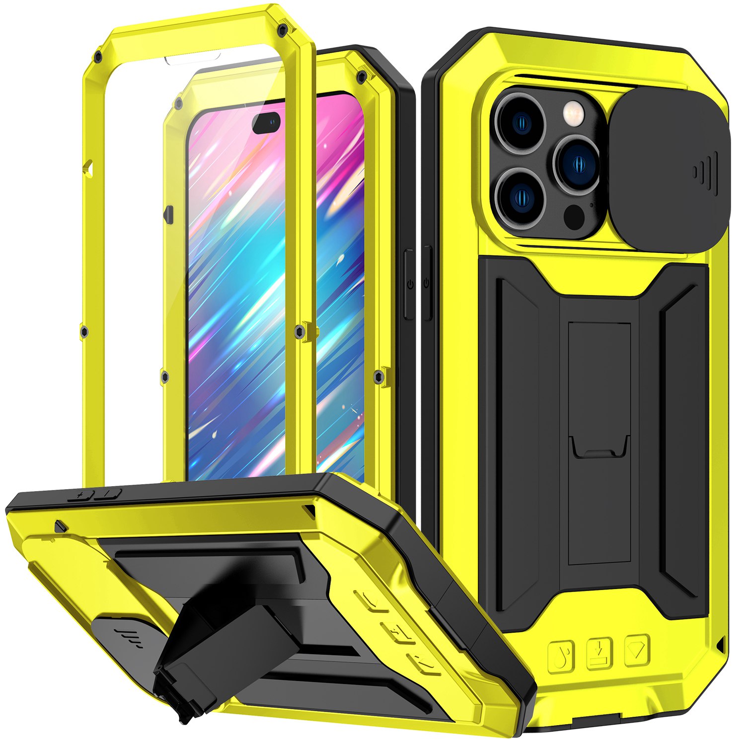 

For iPhone 14 Pro Max 6.7 inch 2nd Generation Anti-scratch Phone Case Kickstand Sliding Camera Cover Phone Cover with Tempered Glass Screen Protector - Yellow, iPhone 14 Pro Max