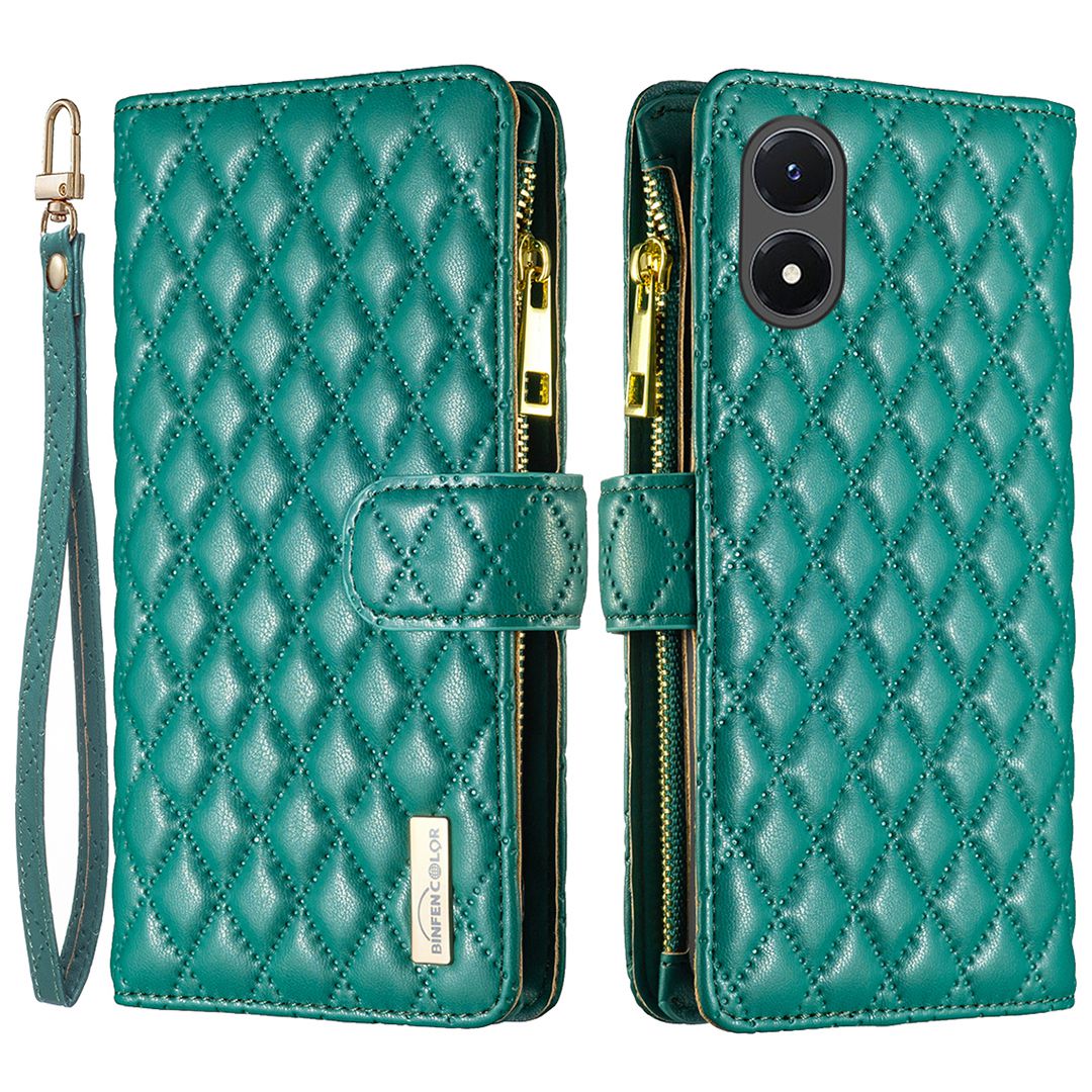 

Binfen Farbe BF Style-15 Für Vivo Y02s 4G Reißverschluss Pocket Phone Hülle Geprägtes Rhombusmuster Anti-kratzer-brieftaschenabdeckständer - Grün, vivo Y02s 4G