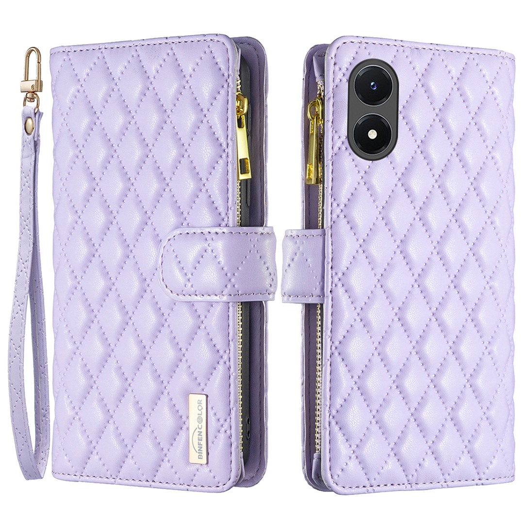 

Binfen Farbe BF Style-15 Für Vivo Y02s 4G Reißverschluss Pocket Phone Hülle Geprägtes Rhombusmuster Anti-kratzer-brieftaschenabdeckständer - Violett, vivo Y02s 4G
