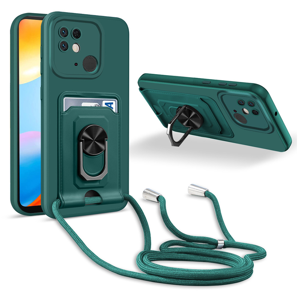 

Anti-schock-telefonkoffer Für Xiaomi Redmi 10C 4G, Multifunktional Einstellbare Ring-karton-kartenhalter-rückenhülle Mit Lanyard - Schwarzgrün, Xiaomi Redmi 10C 4G