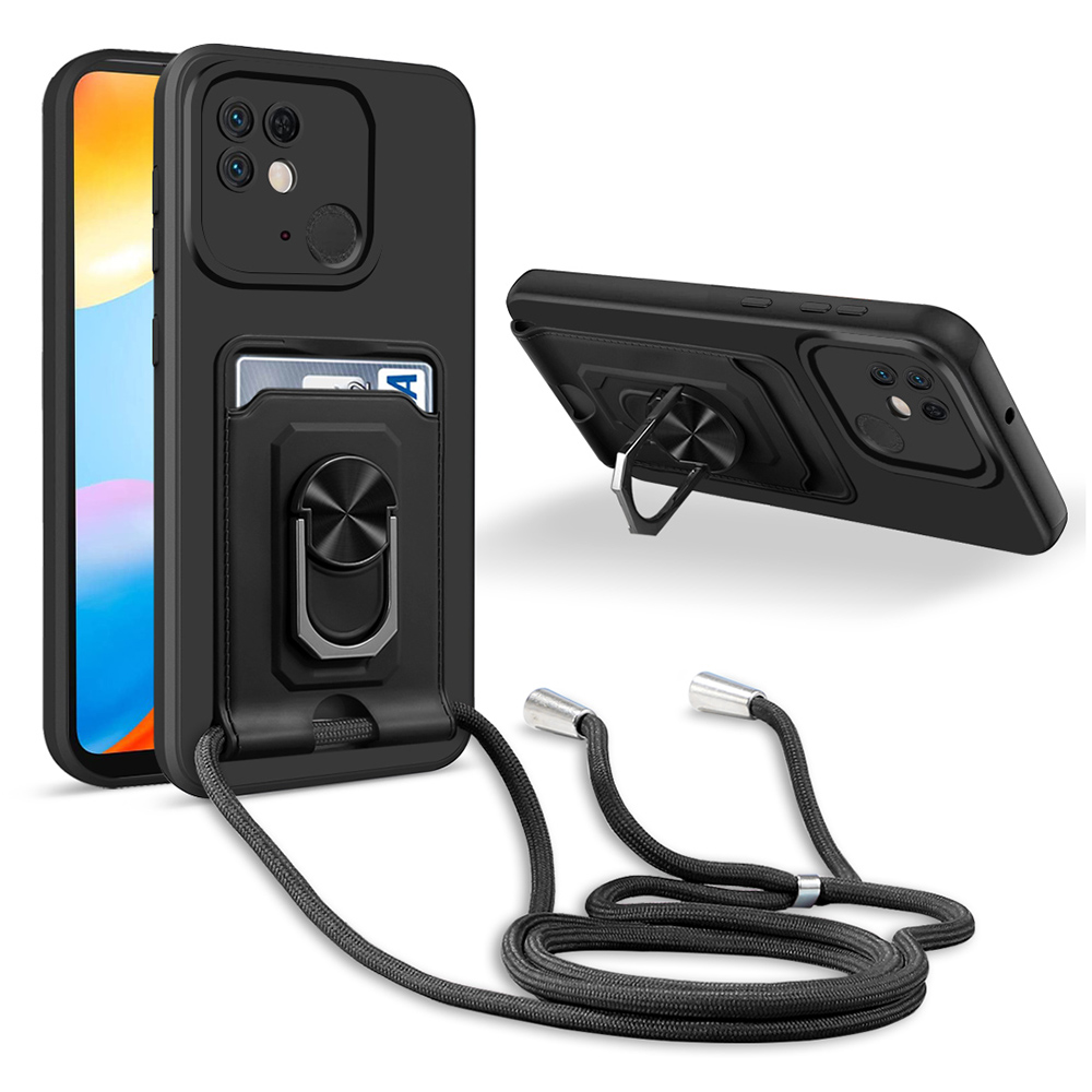 

Anti-schock-telefonkoffer Für Xiaomi Redmi 10C 4G, Multifunktional Einstellbare Ring-karton-kartenhalter-rückenhülle Mit Lanyard - Schwarz, Xiaomi Redmi 10C 4G