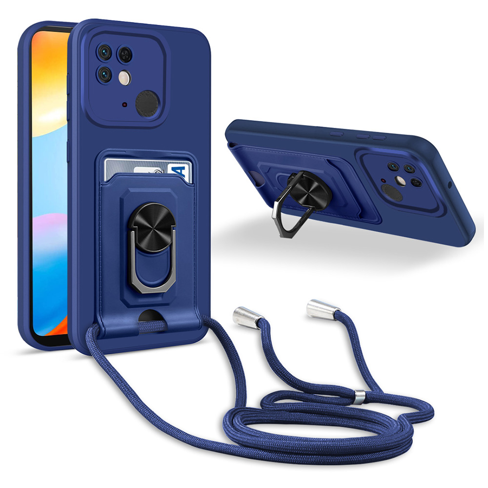 

Anti-schock-telefonkoffer Für Xiaomi Redmi 10C 4G, Multifunktional Einstellbare Ring-karton-kartenhalter-rückenhülle Mit Lanyard - Blau, Xiaomi Redmi 10C 4G