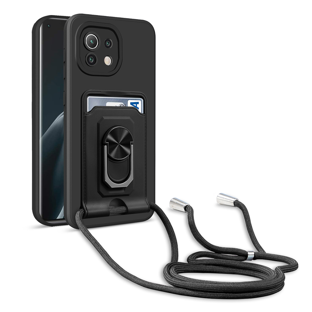 

Anti-fall-telefonkoffer Für Xiaomi Mi 11, Ring-kickstand-kartenhalter Multifunktionaler Rückzugabdeckung Mit Lanyard - Schwarz, Xiaomi Mi 11