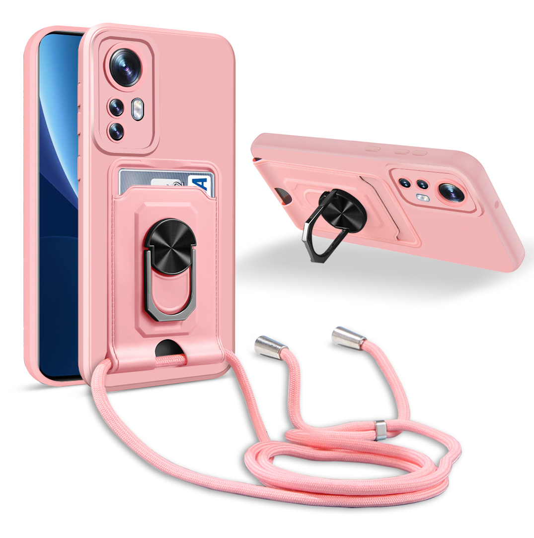 

Für Xiaomi 12 5g / 12x 5g / 12S 5G Gut Geschütztes Telefonkoffer Multifunktionaler Kickständer-funktion Tpu+pc-rückdecke Mit Kartensteckplatz Und Lanyard - Rosa, Xiaomi 12 5G