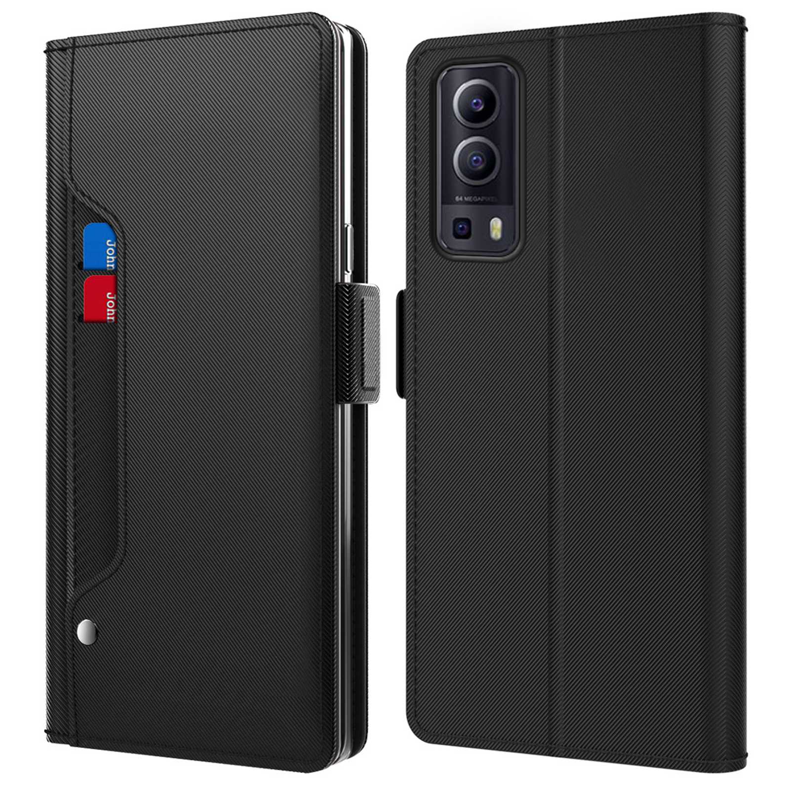 

Für Vivo Y72 5g PU Leder Stand Card Halter Phone Hülle Wear-resistente Magnetschalenabdeckung Mit Make-up-spiegel - Schwarz, vivo Y72 5G