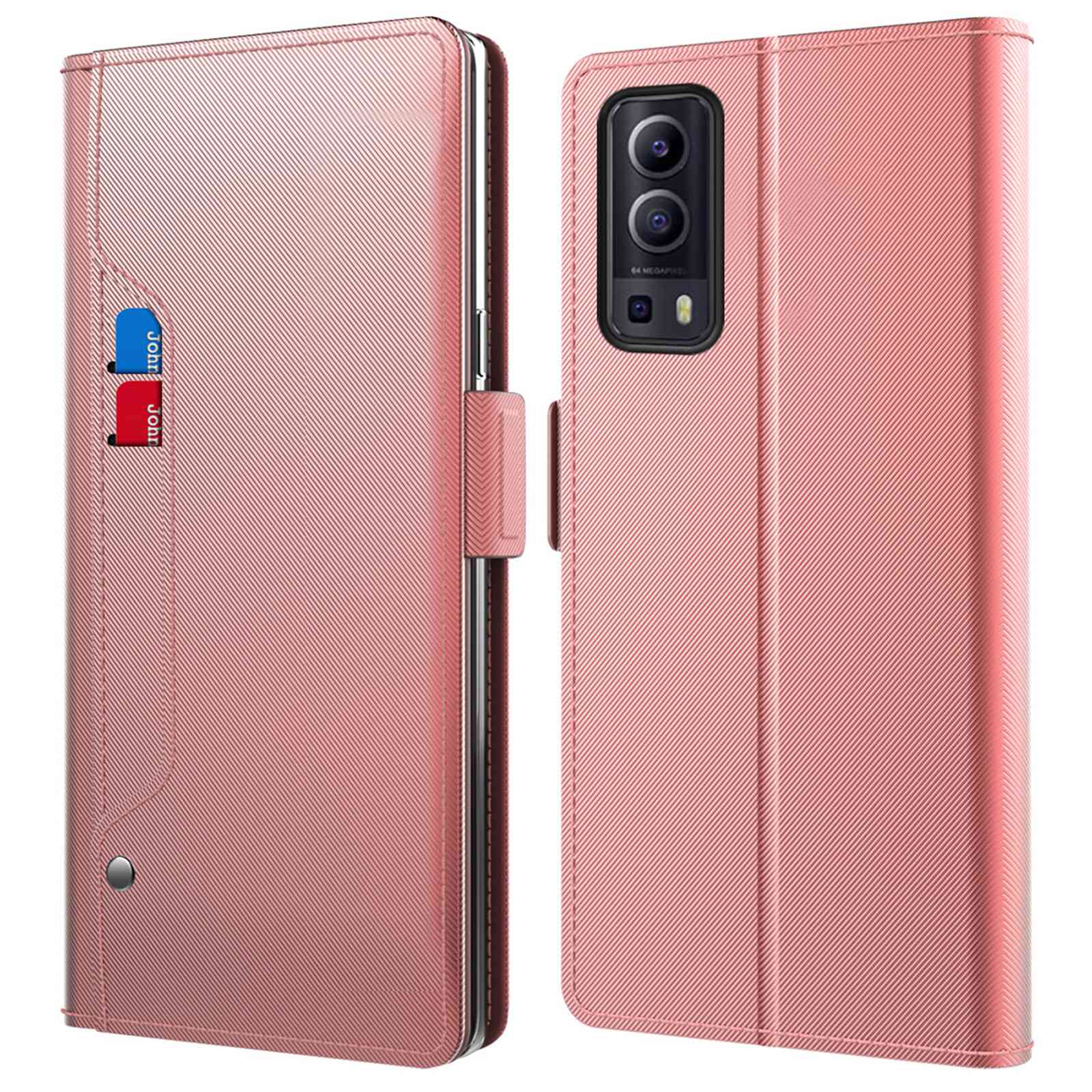 

Für Vivo Y72 5g PU Leder Stand Card Halter Phone Hülle Wear-resistente Magnetschalenabdeckung Mit Make-up-spiegel - Roségold, vivo Y72 5G