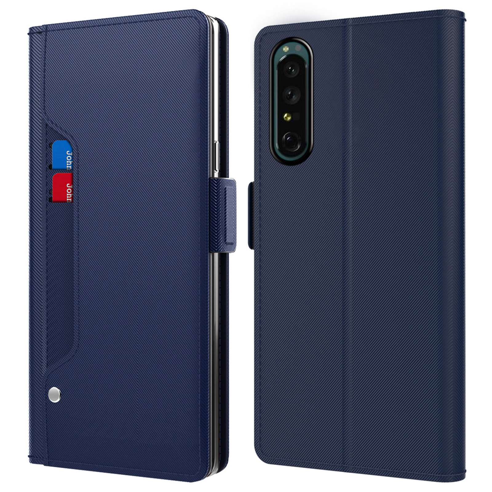

Für Sony Xperia 5 III 5G Stand Cardhalter Design Mobile Hülle Kratzresistente Magnetische Pu-lederabdeckung Mit Make-up-spiegel - Blau, Xperia 5 III 5G