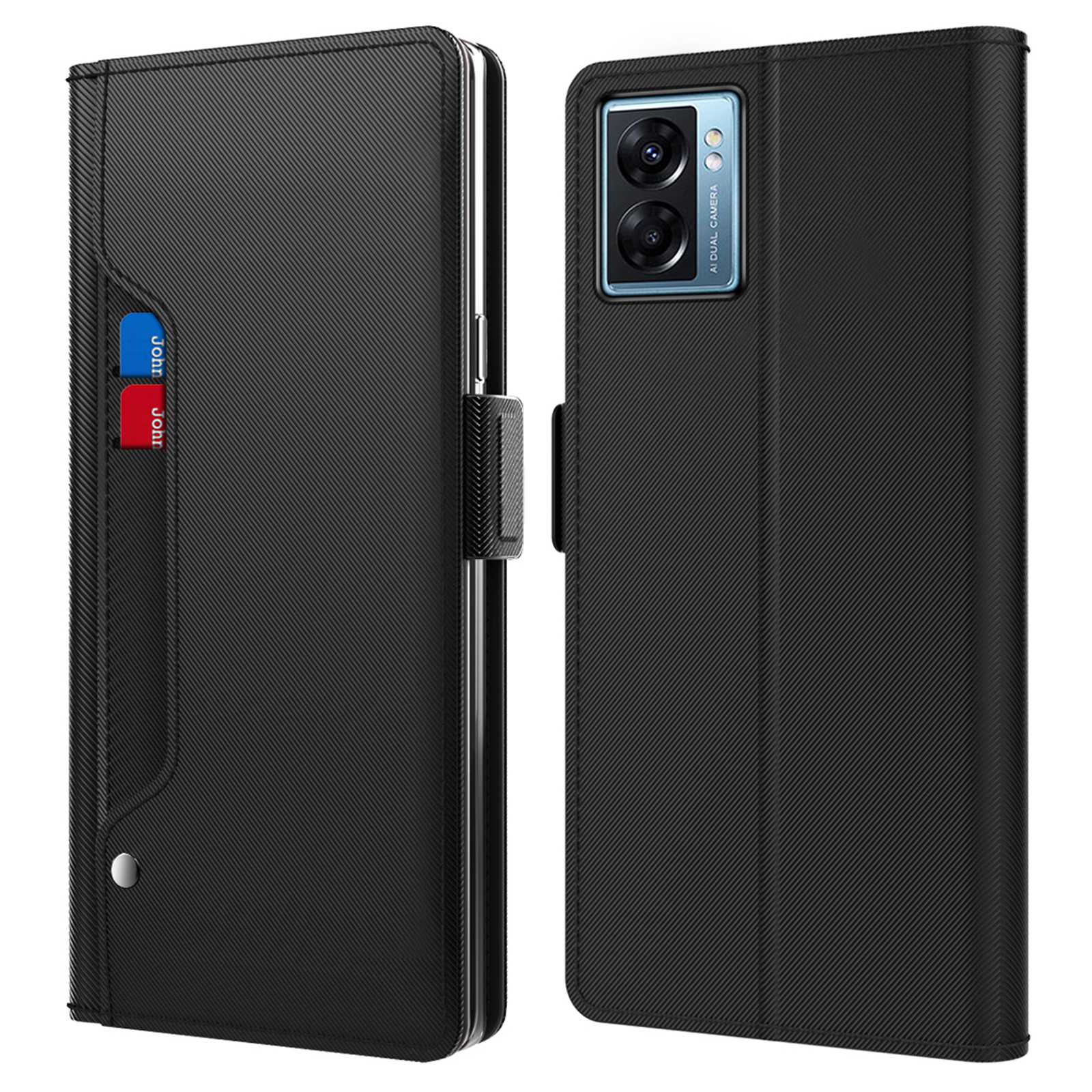 

PU Ledertasche Für Oppo A77 5G / A57 (2022) 5G, Mirror -funktion Magnetic Clasp -telefonabdeckung Mit Kartensteckplätzen Und Ständer - Schwarz, Oppo A77 5G