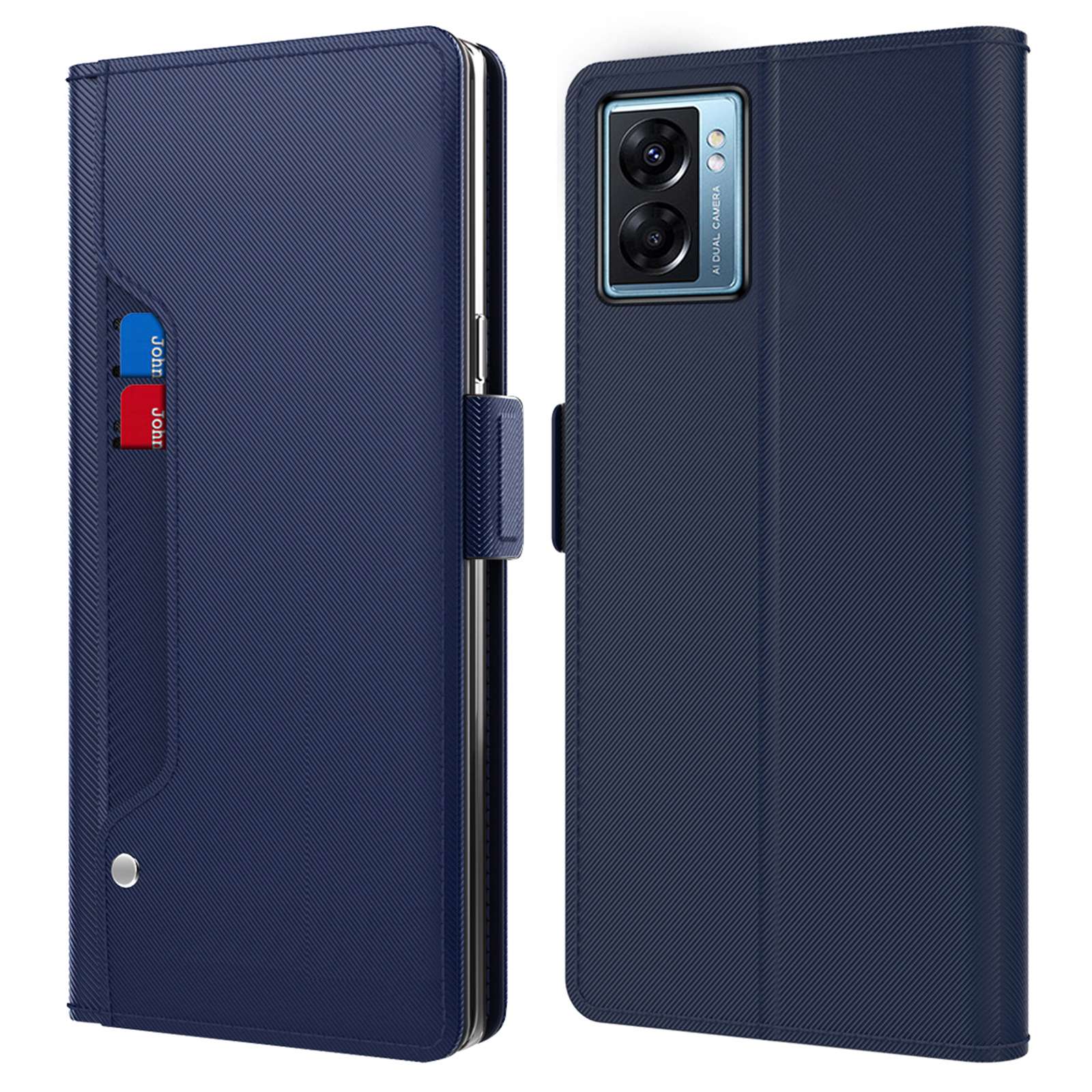 

PU Ledertasche Für Oppo A77 5G / A57 (2022) 5G, Mirror -funktion Magnetic Clasp -telefonabdeckung Mit Kartensteckplätzen Und Ständer - Blau, Oppo A77 5G