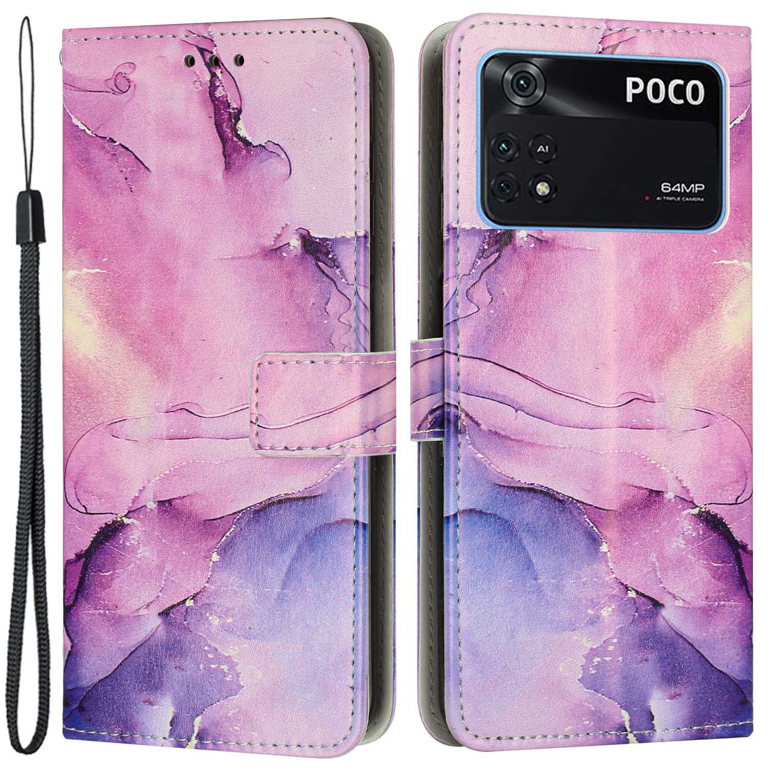 

Für Xiaomi Poco M4 Pro 4G TPU+PU Leder Marmor Muster Druckwange - Violett, Xiaomi Poco M4 Pro 4G