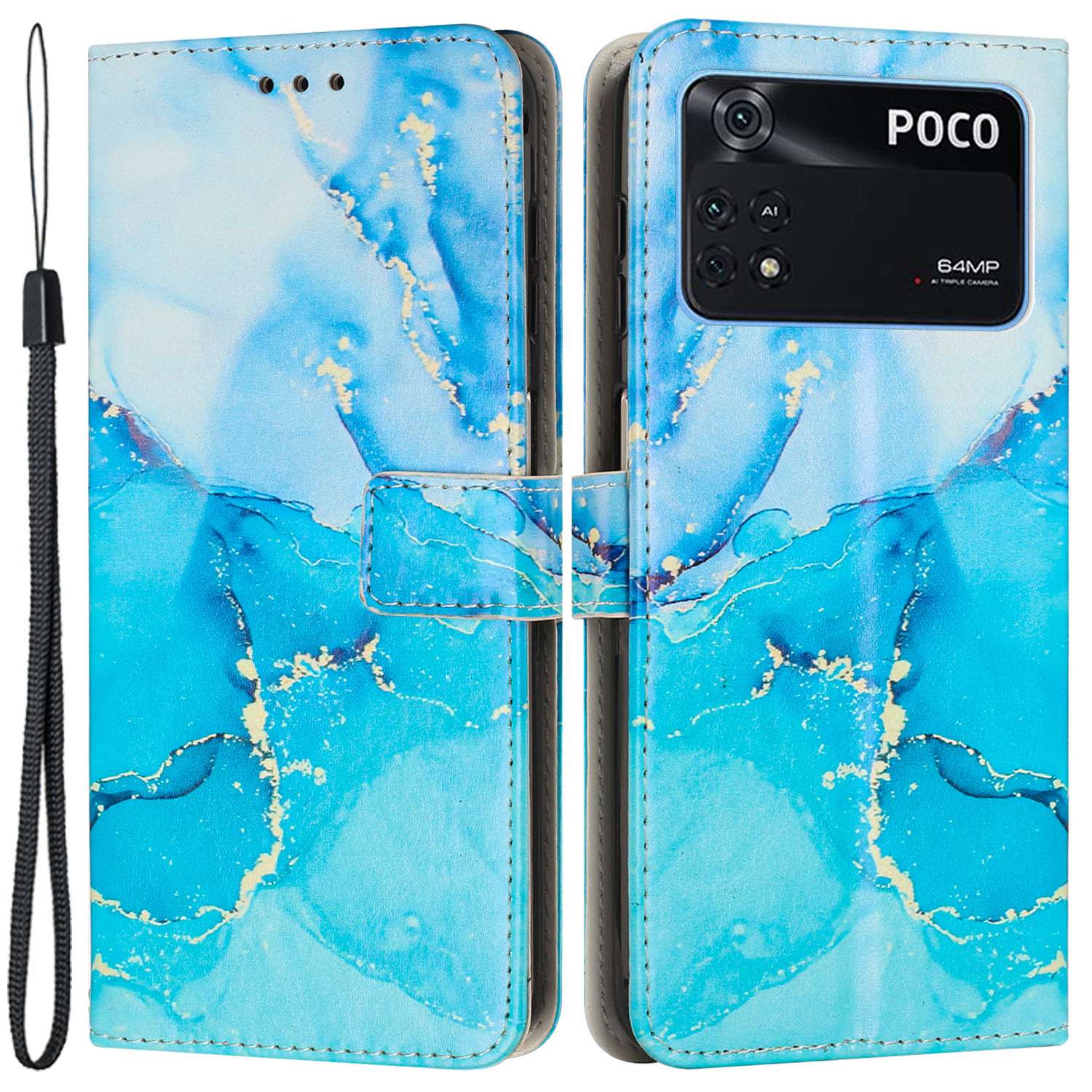 

Für Xiaomi Poco M4 Pro 4G TPU+PU Leder Marmor Muster Druckwange - Blau / Grün, Xiaomi Poco M4 Pro 4G