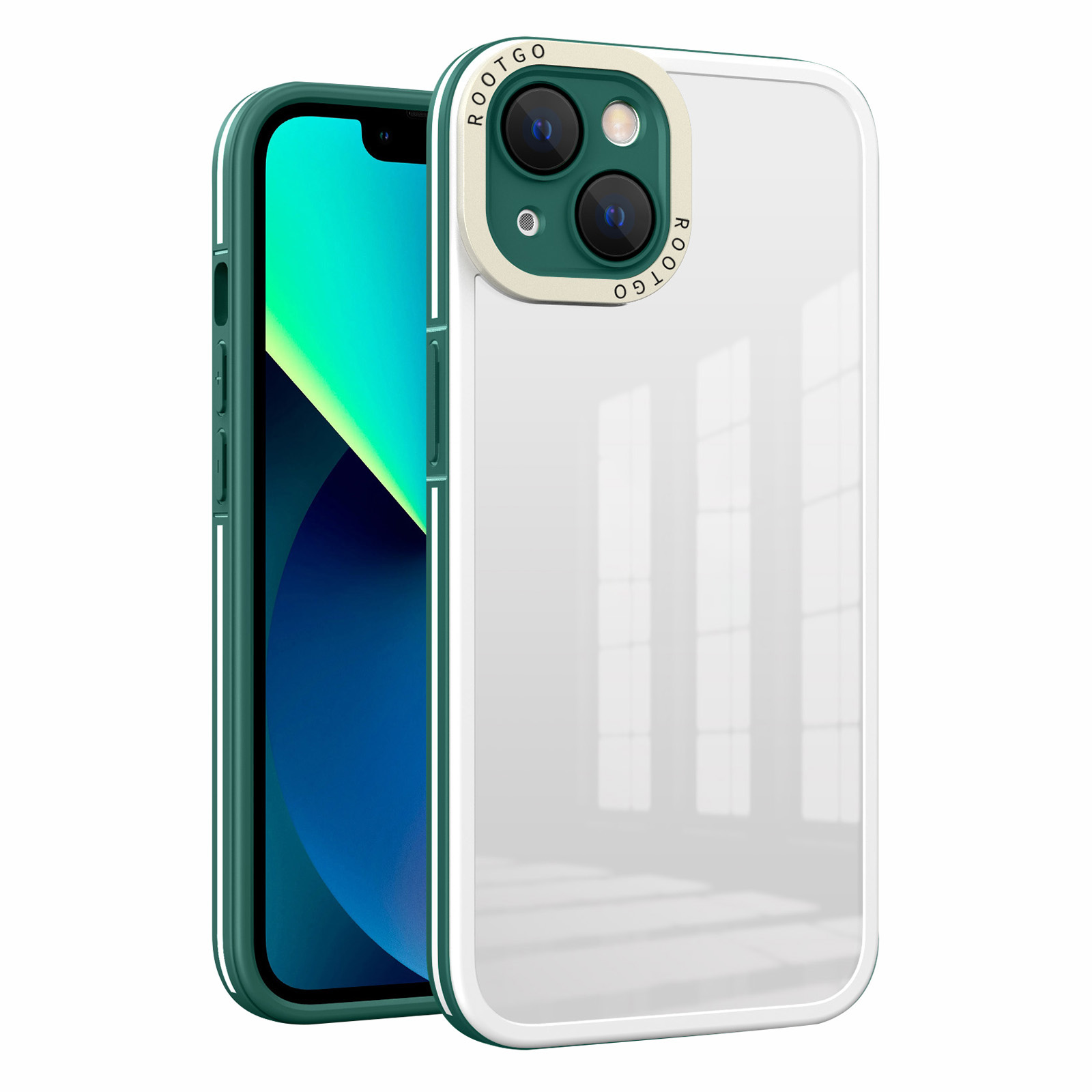 

For iPhone 14 Plus Shockproof Case PC+TPU Hybrid Phone Case with Glass Lens Cover - Blackish Green, iPhone 14 Plus
