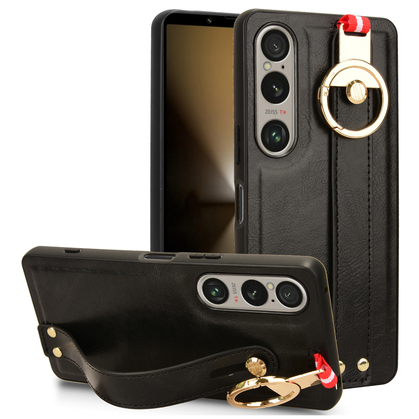 For Sony Xperia 1 VI Case Wristband Finger Loop Leather Coated PC+TPU Phone Cover - Black