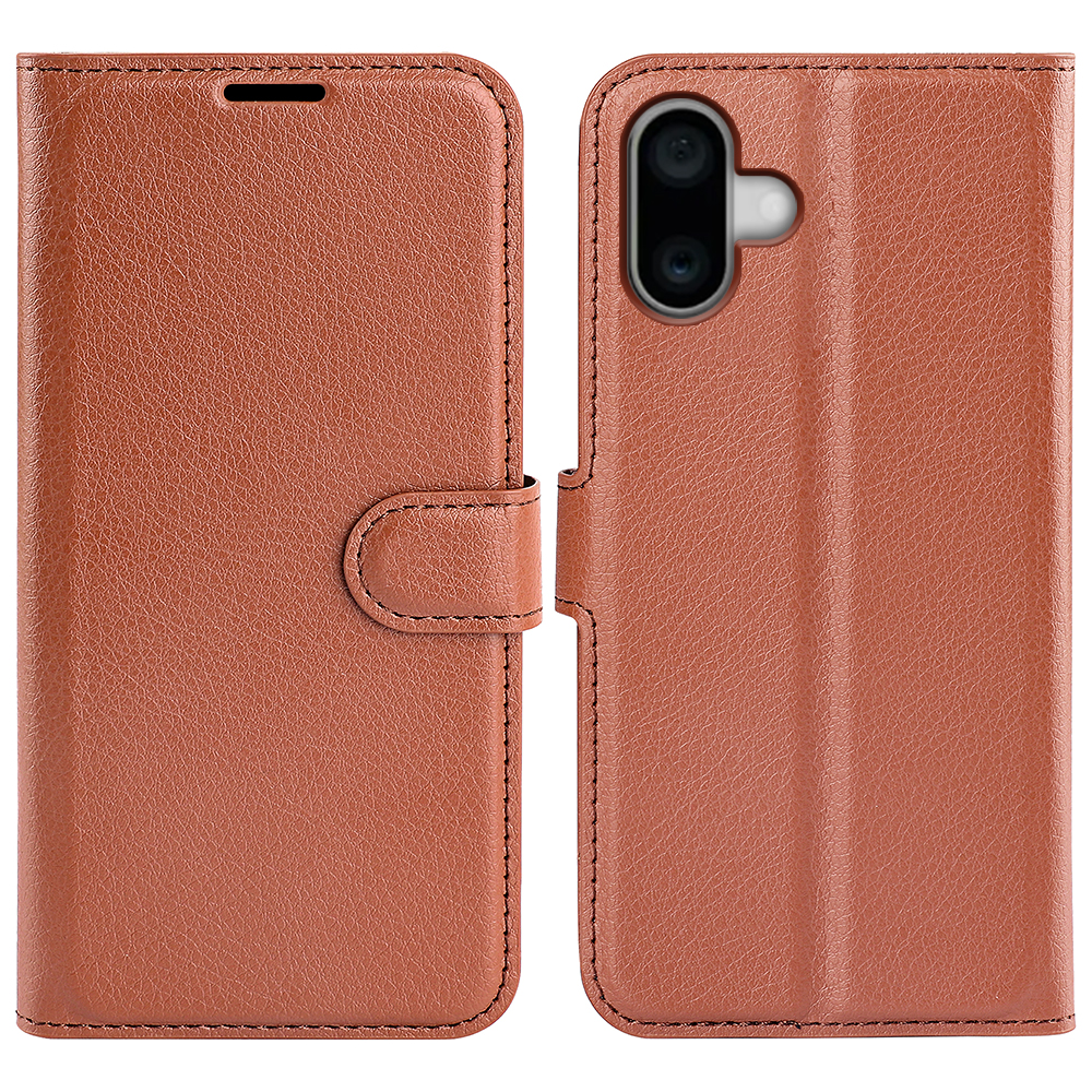 For iPhone 16 Case Wallet Leather Phone Cover Litchi Texture - Brown