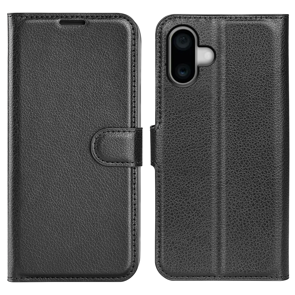 For iPhone 16 Case Wallet Leather Phone Cover Litchi Texture - Black