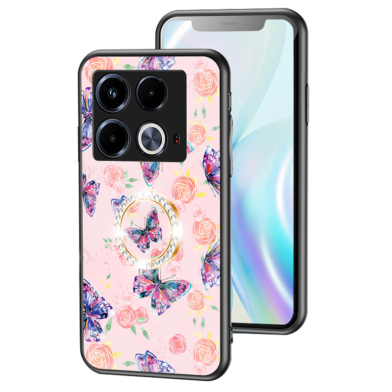 For Infinix Note 40 Case Kickstand Butterfly Shockproof Tempered Glass Phone Cover - Rose Butterfly