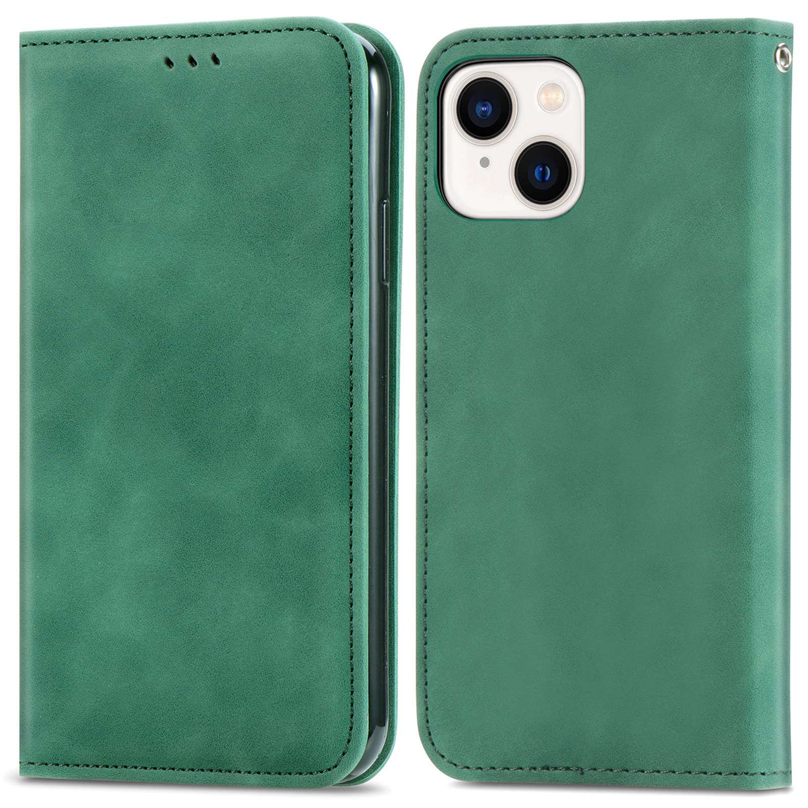 

For iPhone 14 6.1 inch Skin-touch Feeling Retro PU Leather Phone Case Magnetic Auto-absorbed Phone Cover with Card Holder Stand - Green, iPhone 14