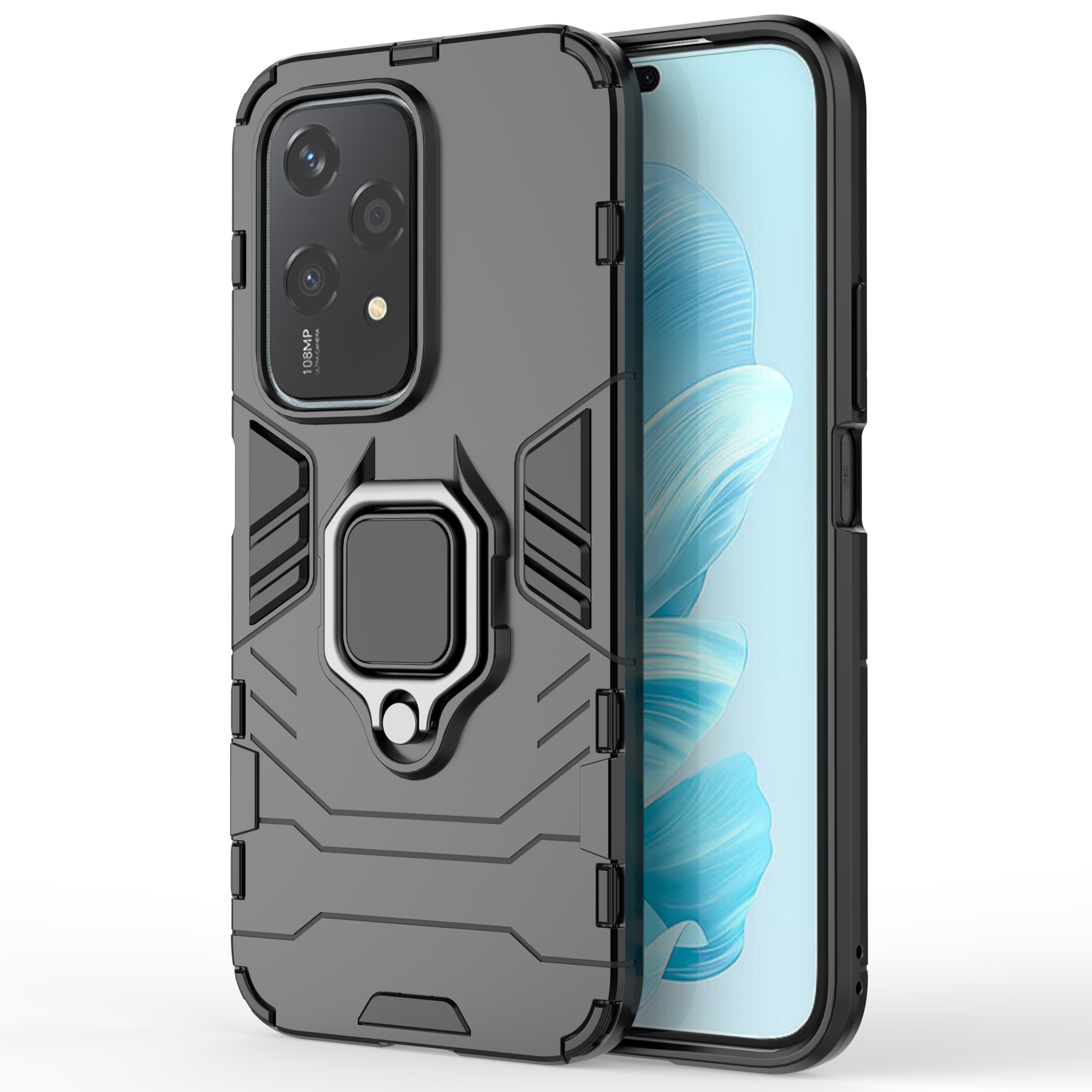 For Honor 200 Lite Phone Case Ring Holder Kickstand PC+TPU Shockproof Cover - Black