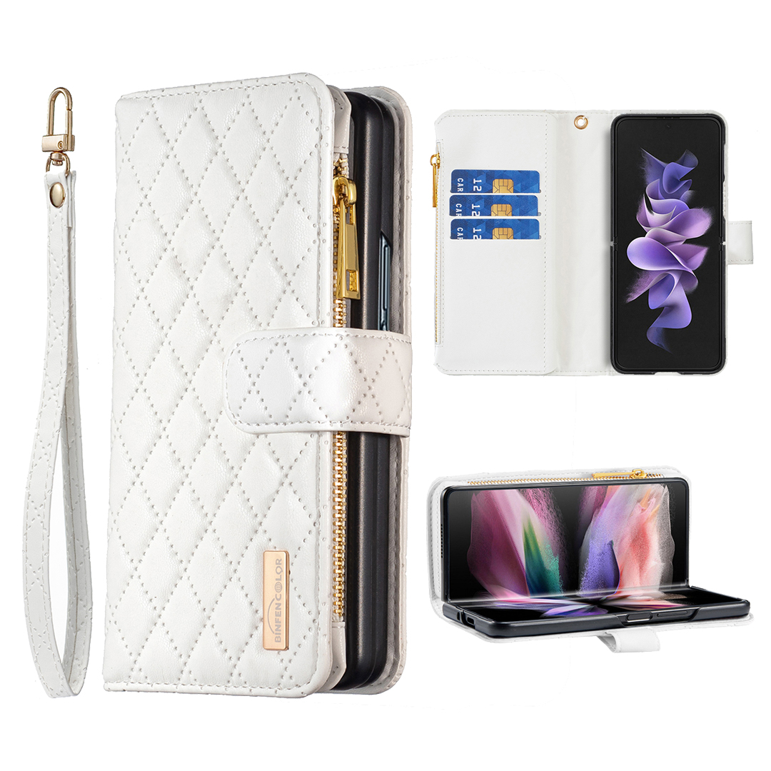 BINFEN COLOR For Samsung Galaxy Z Fold6 5G Case PU Leather Zipper Pocket Phone Cover - White
