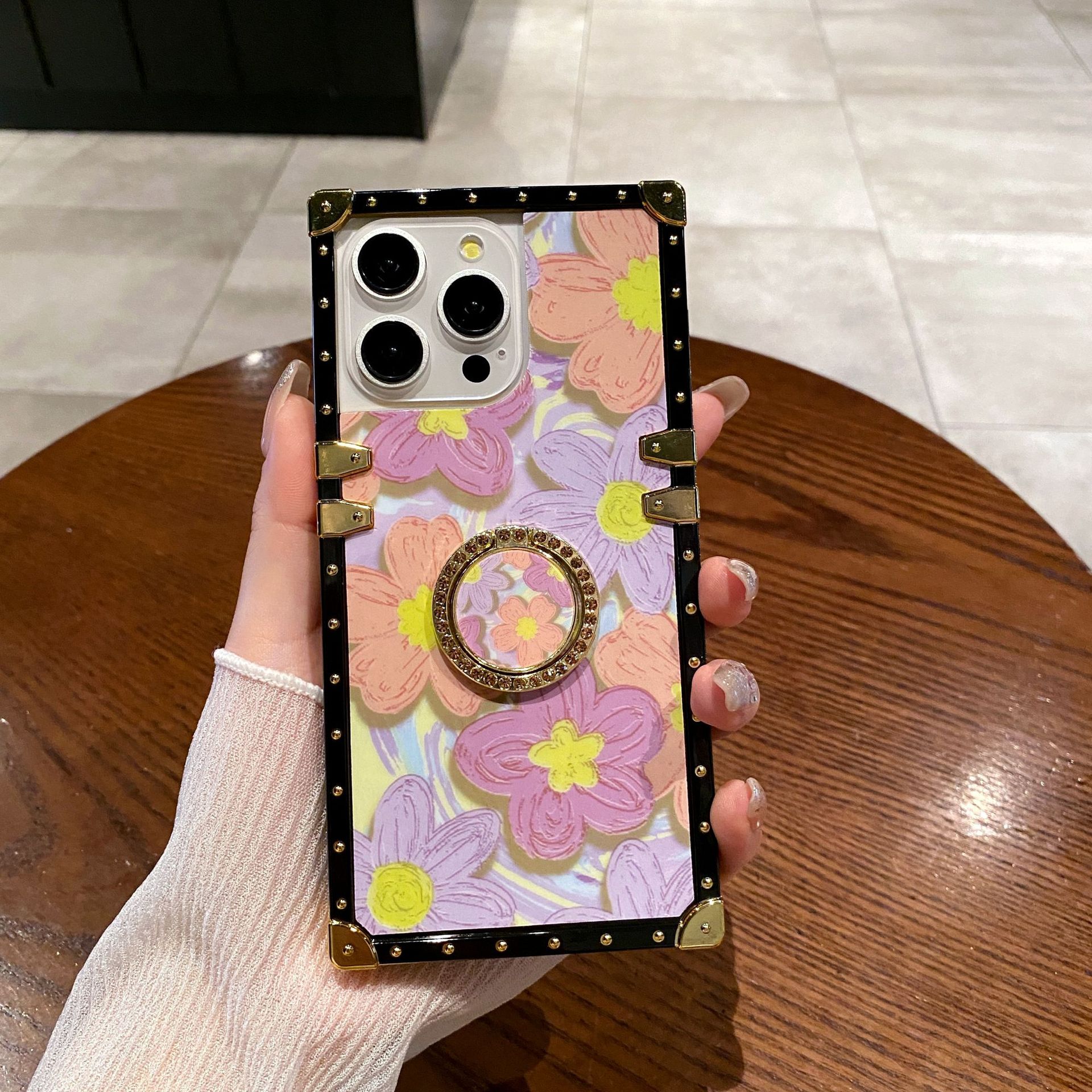 For iPhone 15 Pro Kickstand Case Oil Painting Flower PC+TPU Phone Cover - Orange