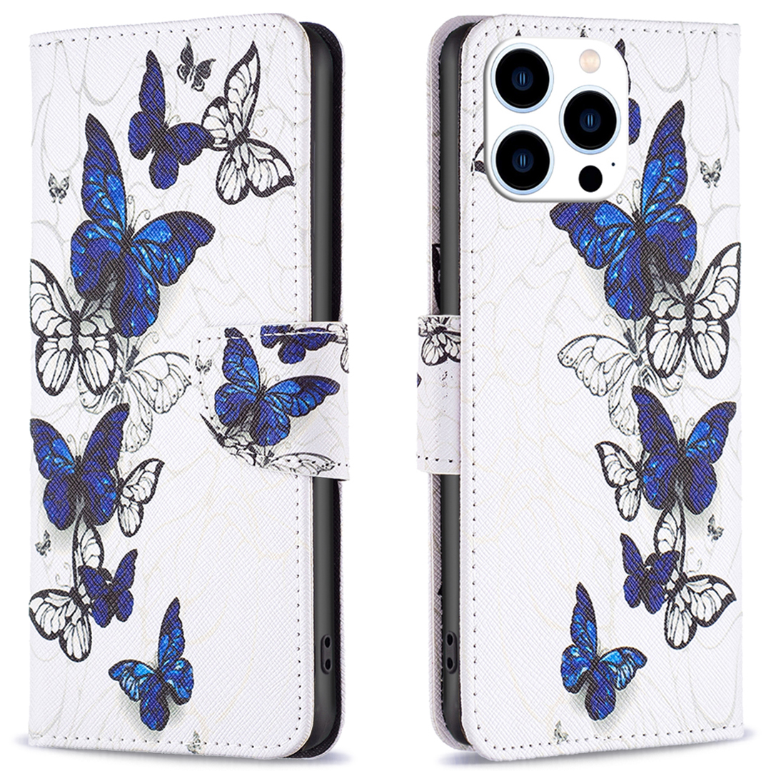For iPhone 16 Pro Case Wallet Leather Flip Phone Cover Pattern Print - Butterflies