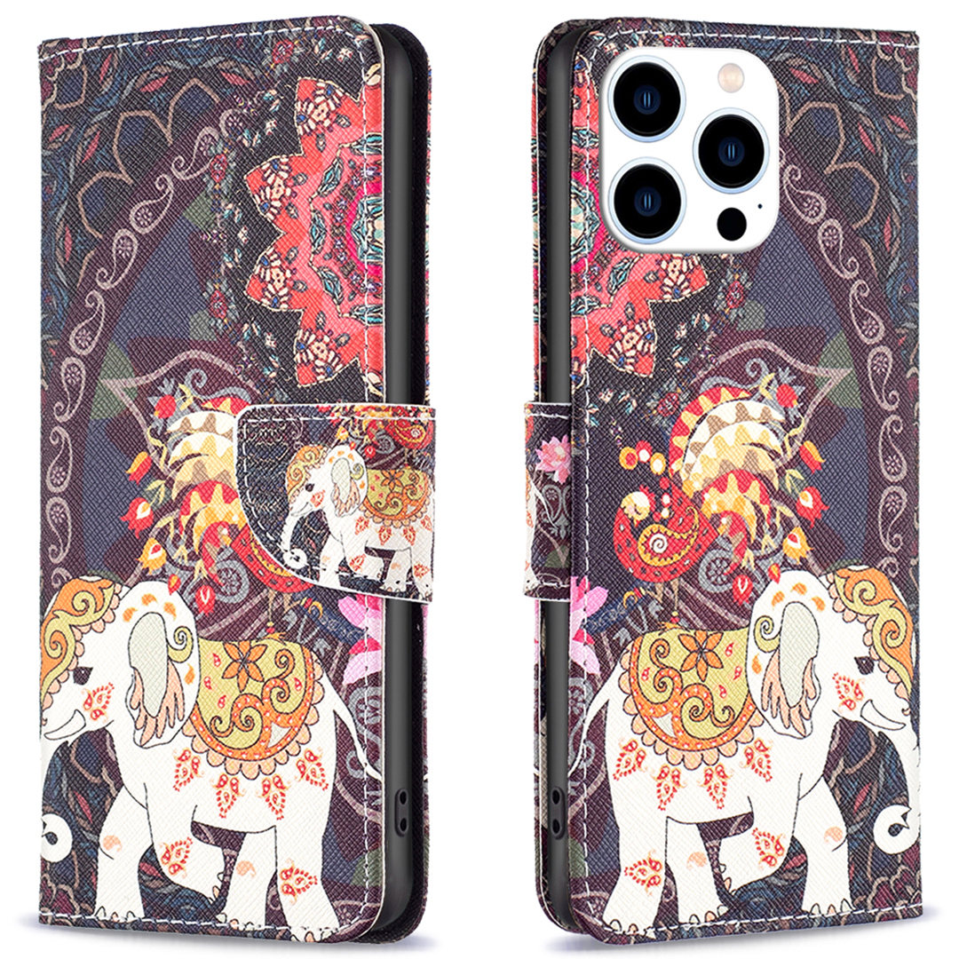For iPhone 16 Pro Case Wallet Leather Flip Phone Cover Pattern Print - Flower and Elephant