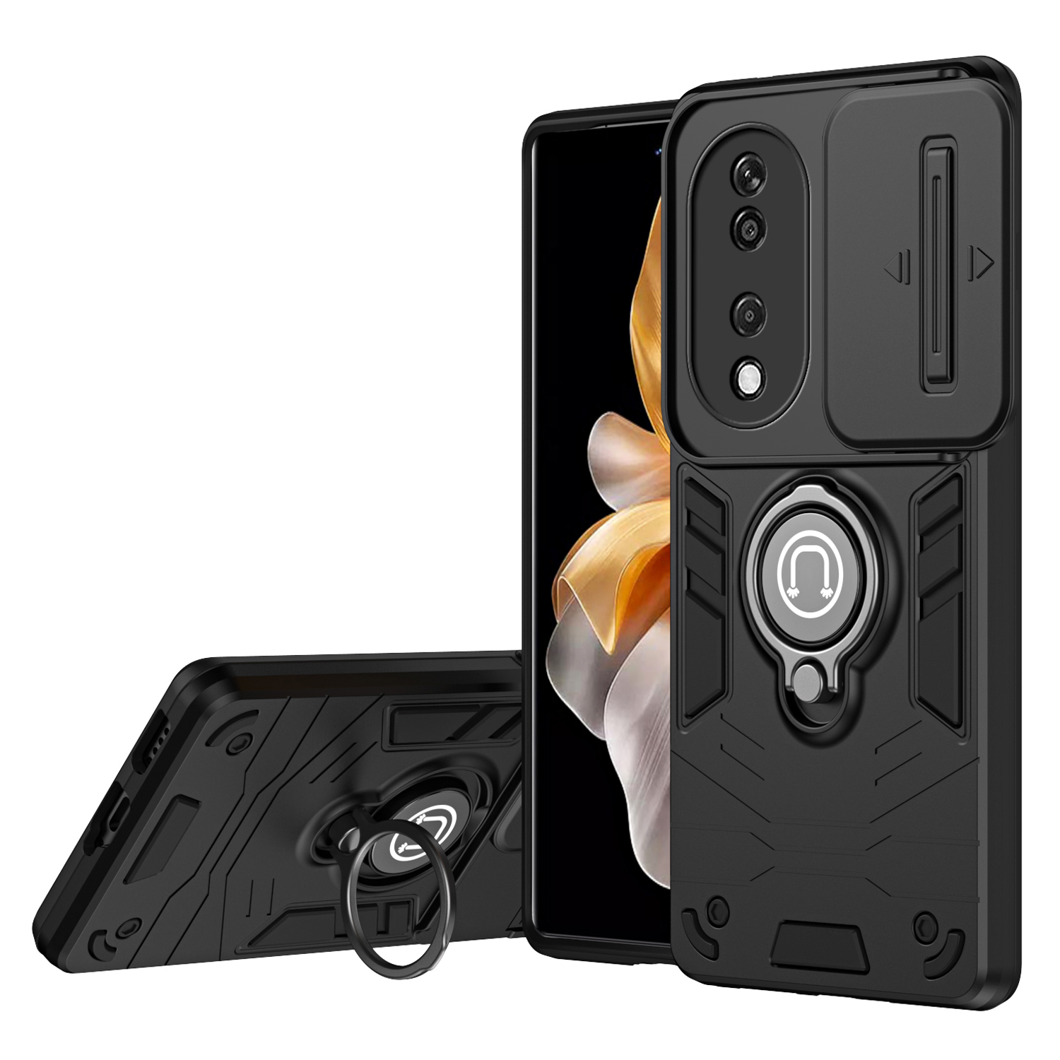 For Honor X7b 4G / 90 Smart Case Lens Shield Kickstand PC+TPU Phone Cover - Black