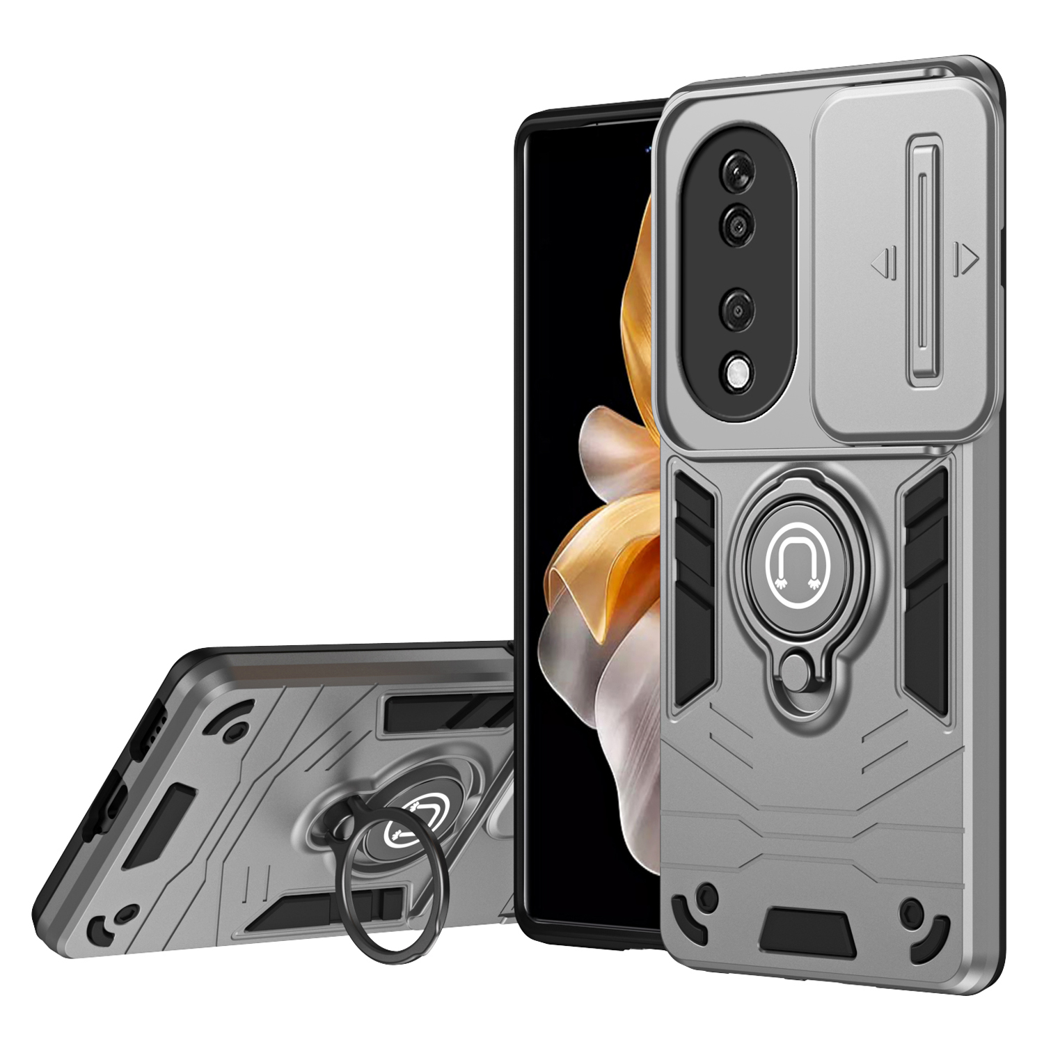For Honor X7b 4G / 90 Smart Case Lens Shield Kickstand PC+TPU Phone Cover - Grey