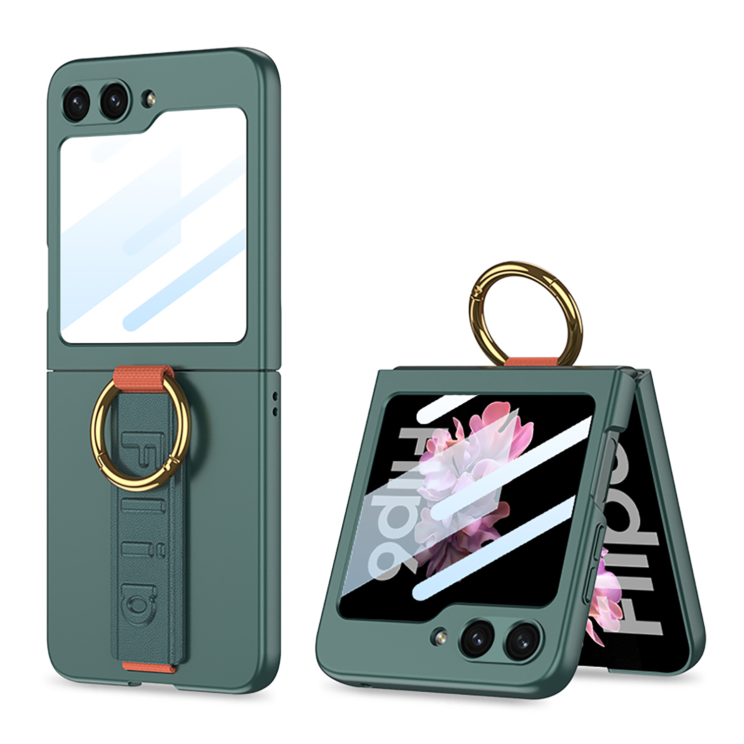 GKK For Samsung Galaxy Z Flip7 FE 5G / Z Flip6 5G Case Ring Holder Hand Strap PC Phone Cover with Rear Screen Film - Green