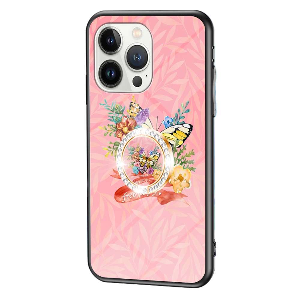

For iPhone 14 Pro Max 6.7 inch Butterfly Series Butterfly Pattern Printing Kickstand Phone Case Tempered Glass + PC + TPU Cover - Flower Bush Butterfly, iPhone 14 Pro Max
