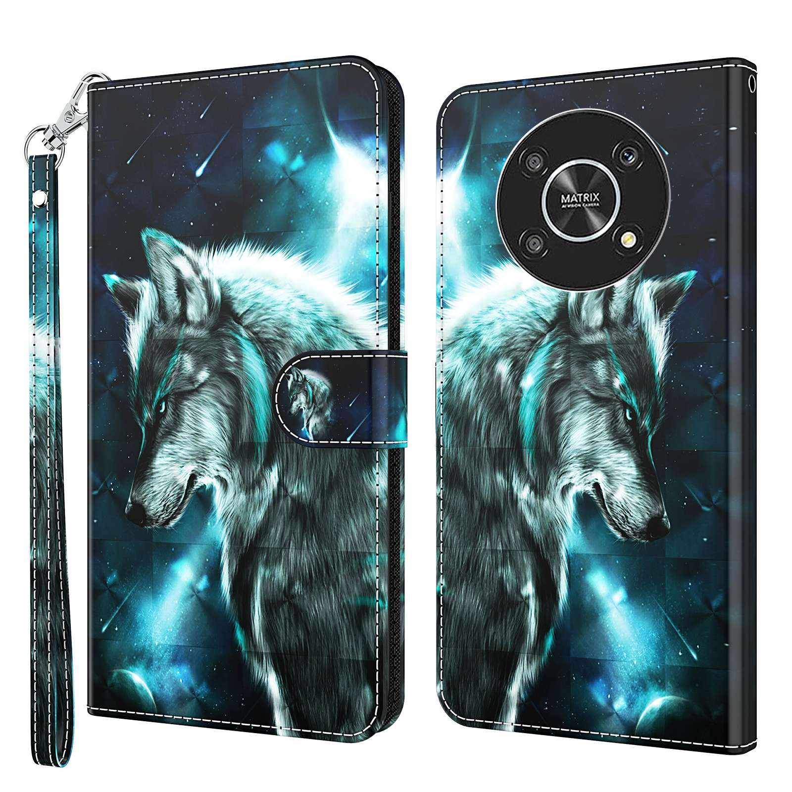 

Für Ehre Magic4 Lite 4g / 5G PU Leder Flip Wallet Cover 3D -musterdruckständer Verfügen Über Magnetische Schutzhülle Mit Riemen - Wolf, Honor Magic 4 Lite 5G