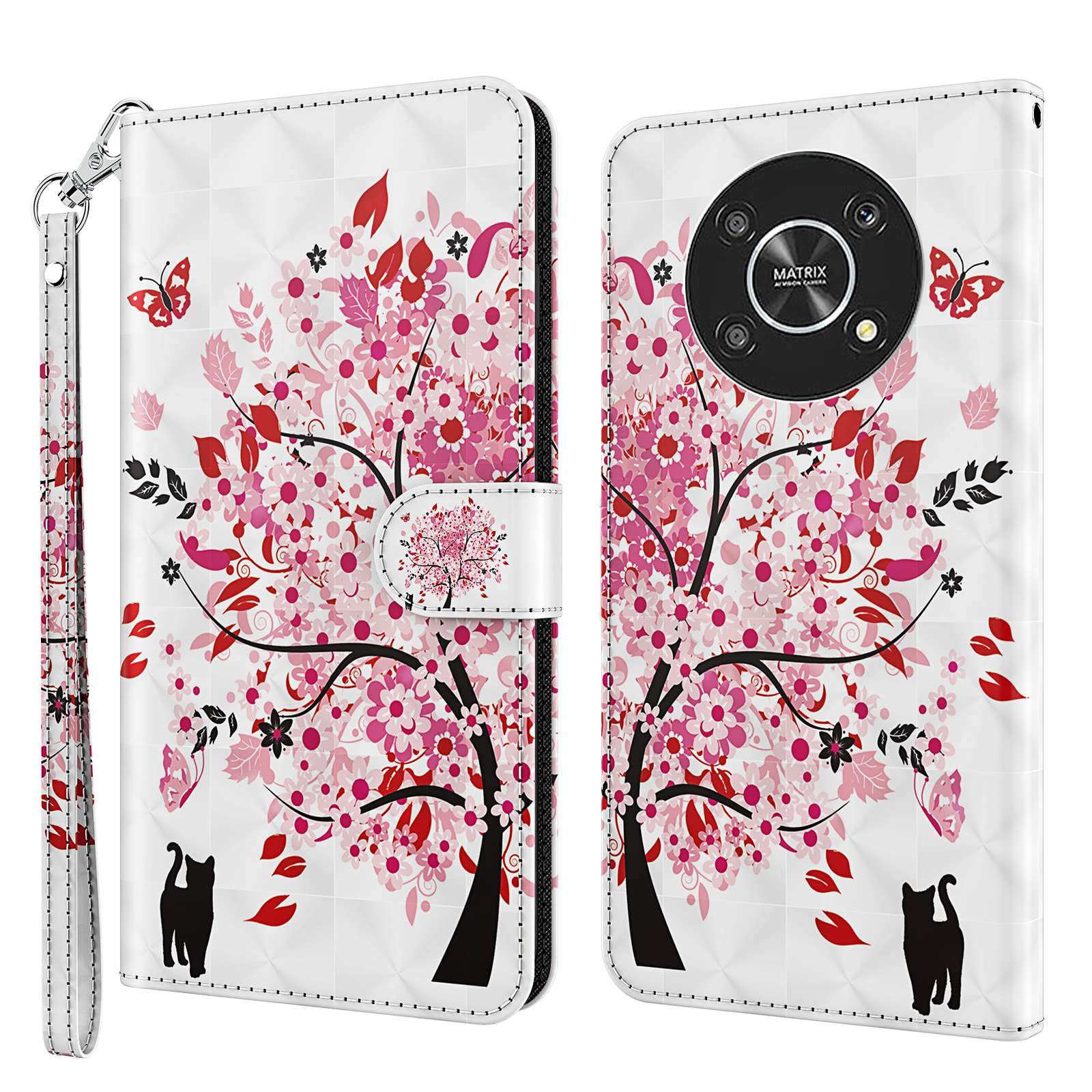 

Für Ehre Magic4 Lite 4g / 5G PU Leder Flip Wallet Cover 3D -musterdruckständer Verfügen Über Magnetische Schutzhülle Mit Riemen - Wunschbaum, Honor Magic 4 Lite 5G