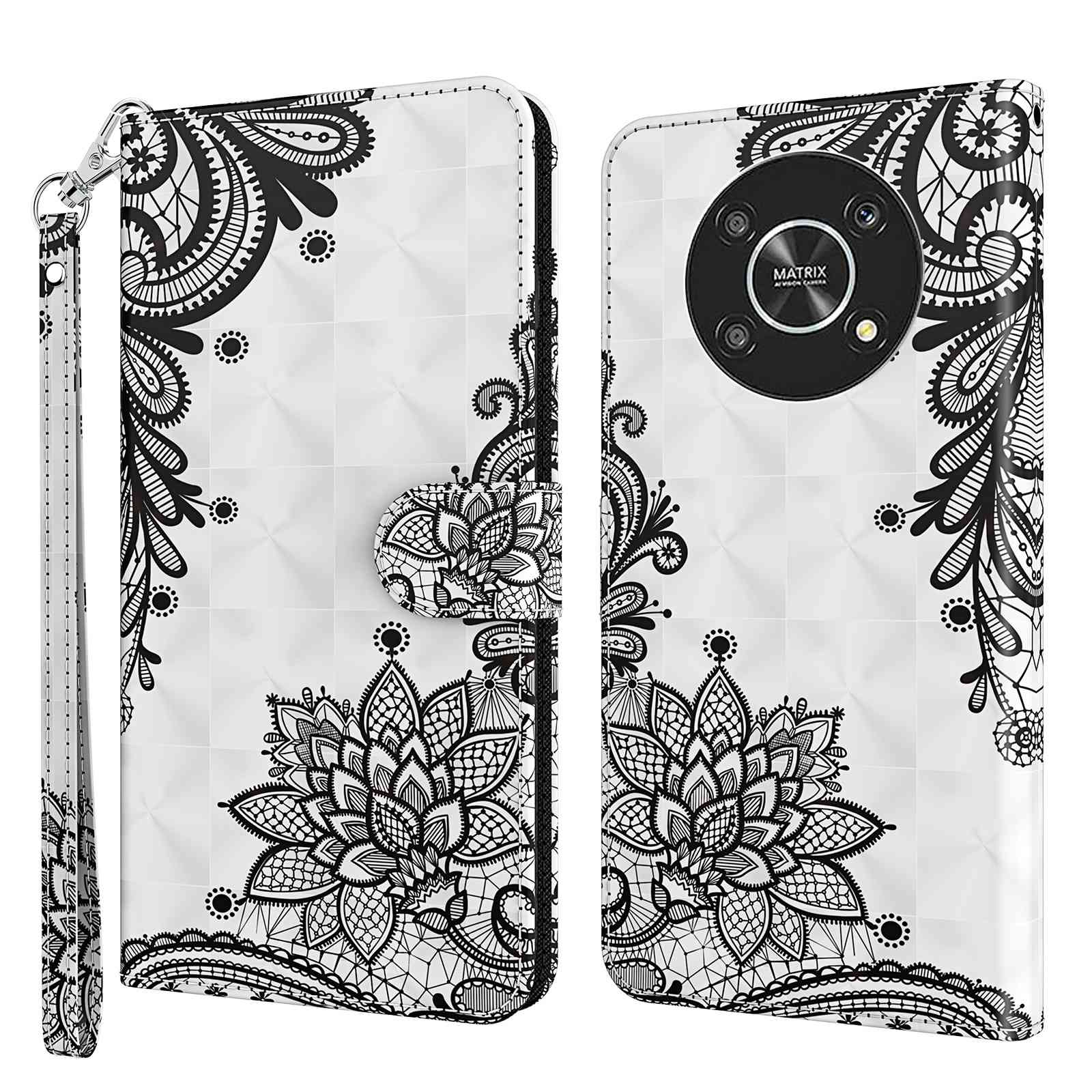 

Für Ehre Magic4 Lite 4g / 5G PU Leder Flip Wallet Cover 3D -musterdruckständer Verfügen Über Magnetische Schutzhülle Mit Riemen - Spitzenblume, Honor Magic 4 Lite 5G
