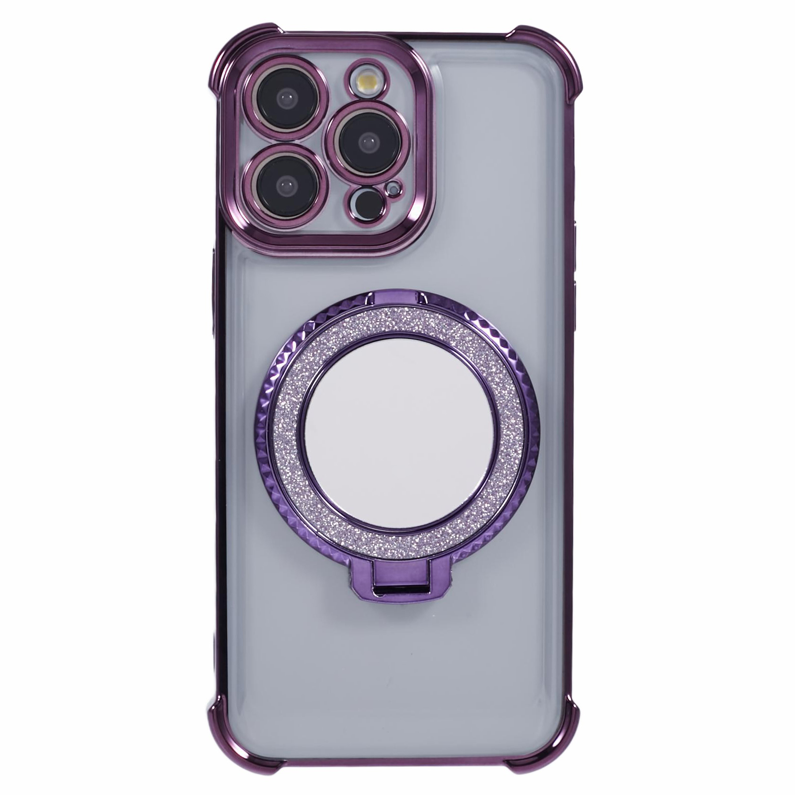 For iPhone 14 Pro Max Side Heart Pattern Case Kickstand TPU Phone Cover with Mirror - Dark Purple