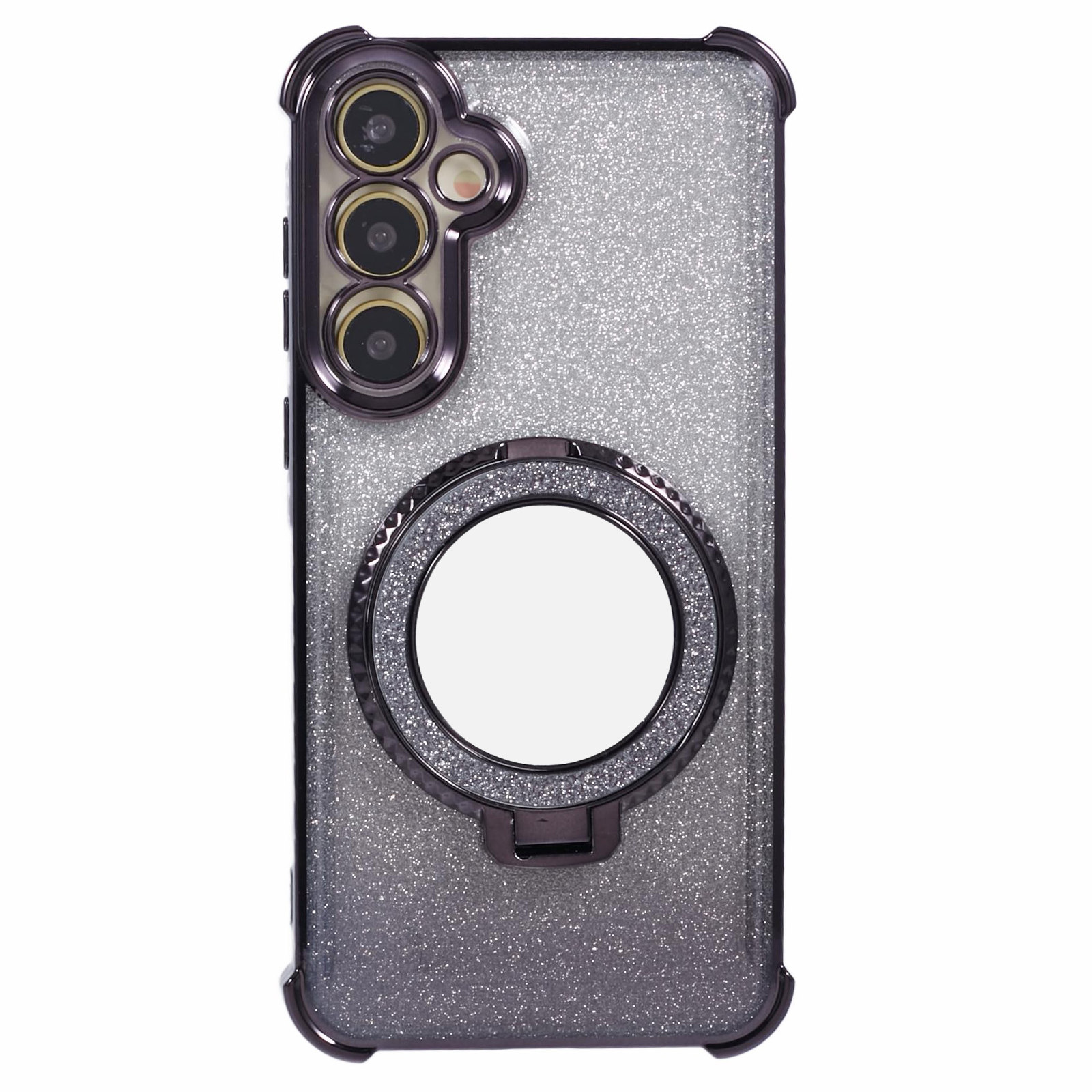 For Samsung Galaxy S24+ Case TPU Glitter Phone Cover with Kickstand and Mirror - Black