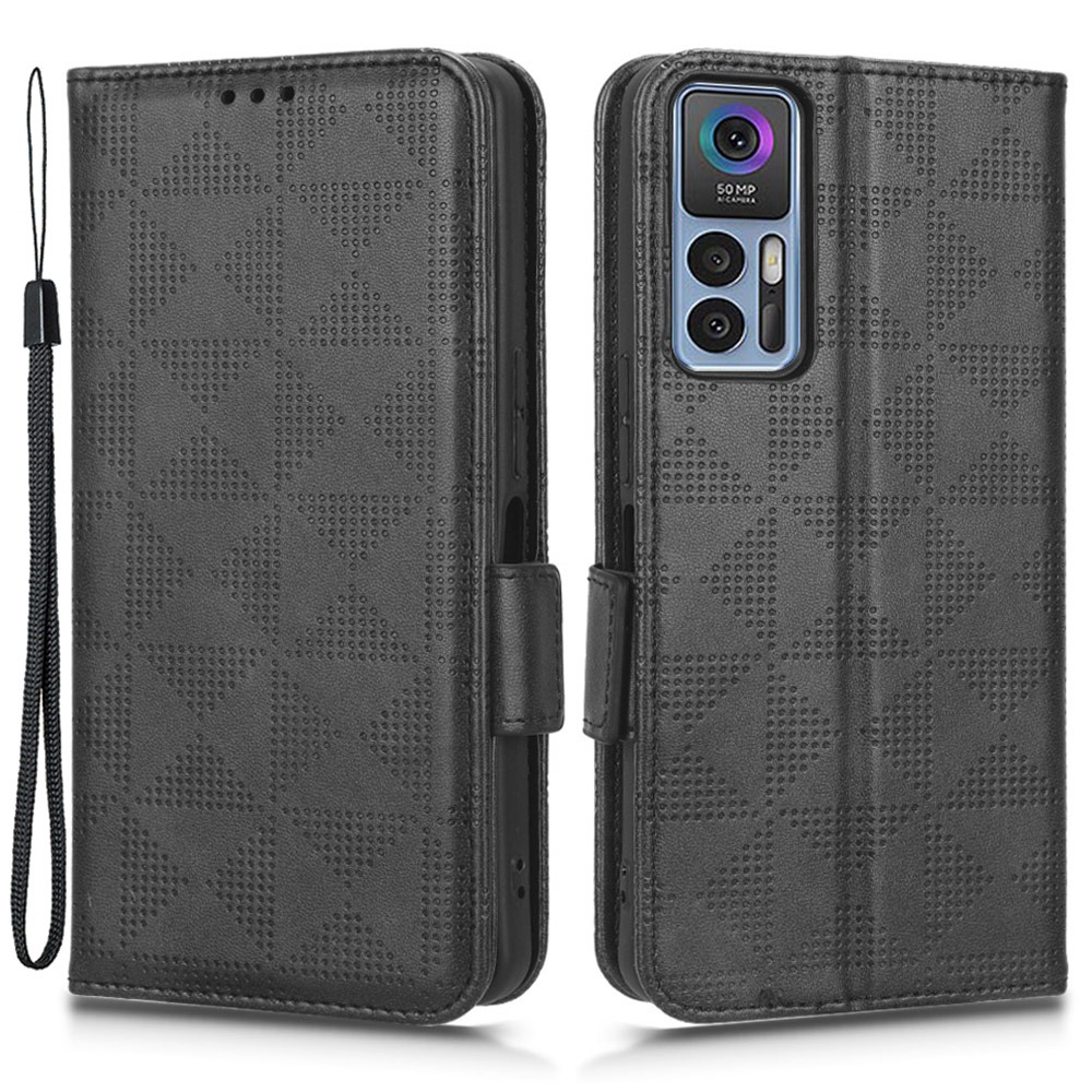 

Vollschutz Telefonkoffer Für TCL 30+ / 30 5G, Dreieck Muster Gedruckter Brieftaschenstand Design Folio Flip PU Leder Telefonabdeckung Mit Riemen - Schwarz, TCL 30 5G