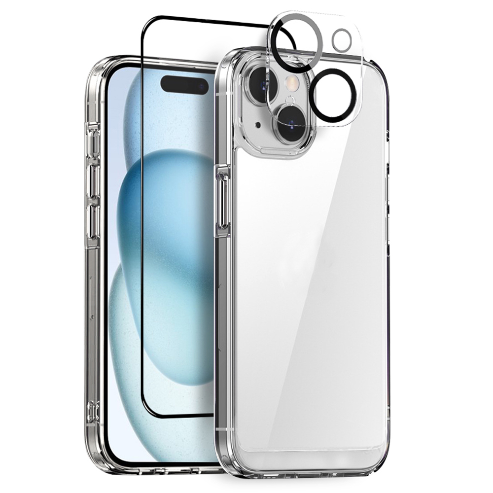 NORTHJO For iPhone 15 Plus Case Clear Shockproof PC+TPU Phone Cover + Screen Protector + Camera Lens Protector