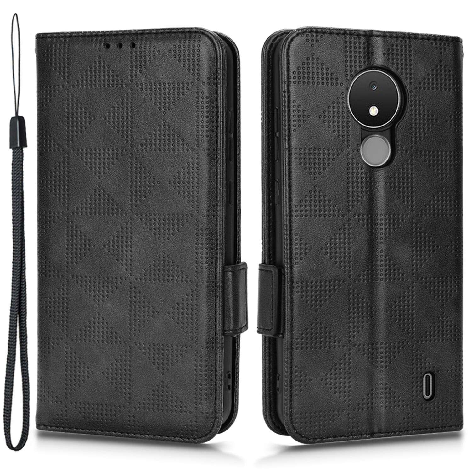 

Flip Leder-telefonhülle Für Nokia C21, Dreieckmuster Eingeprägter Brieftaschenständer Kratzfeste Telefonabdeckung Mit Riemen - Schwarz, Nokia C21