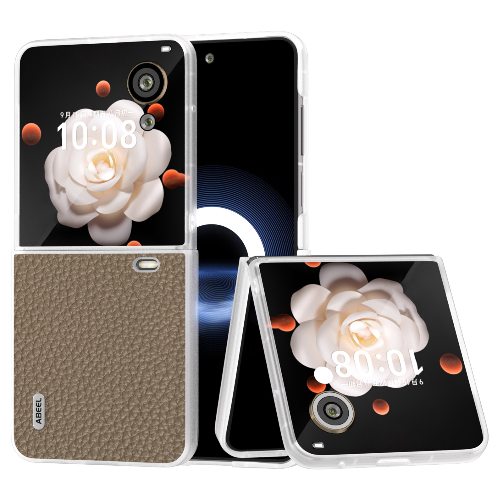 ABEEL For Honor Magic V Flip 5G Case Litchi Texture Genuine Cow Leather+PC Phone Cover Matte Edge - Grey