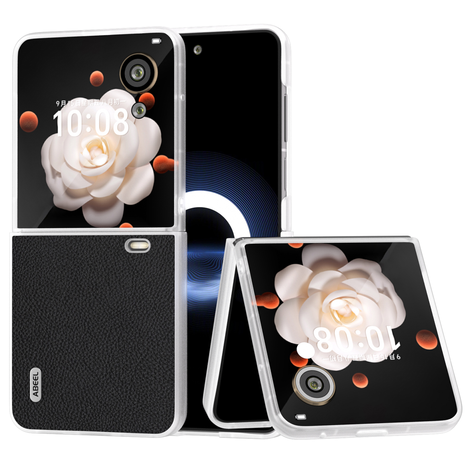 ABEEL For Honor Magic V Flip 5G Case Litchi Texture Genuine Cow Leather+PC Phone Cover - Black