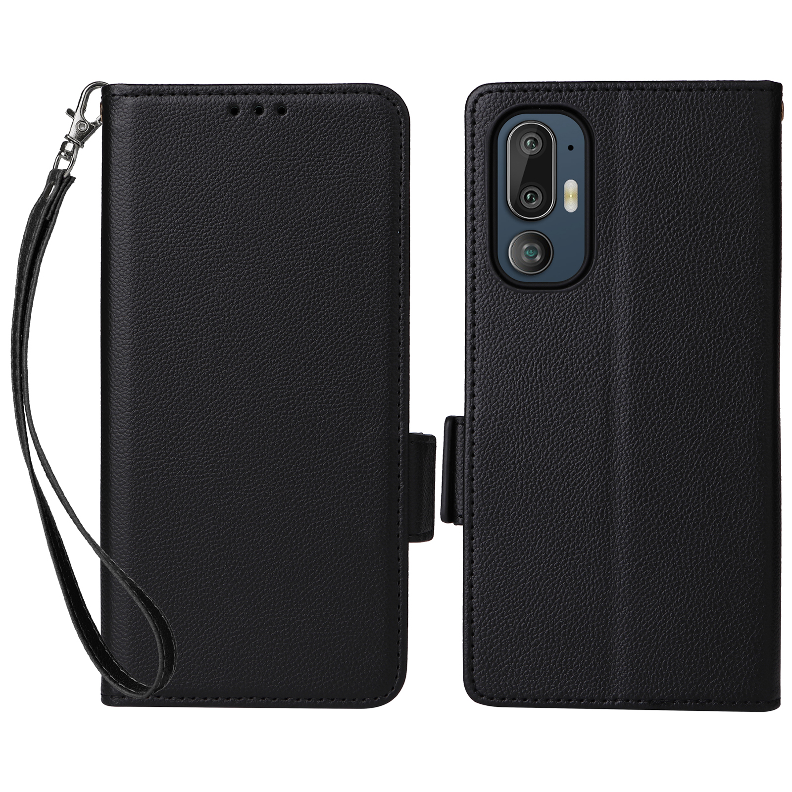 For HTC U24 Pro 5G Case with Wrist Strap Litchi Texture PU Leather Wallet Phone Cover - Black