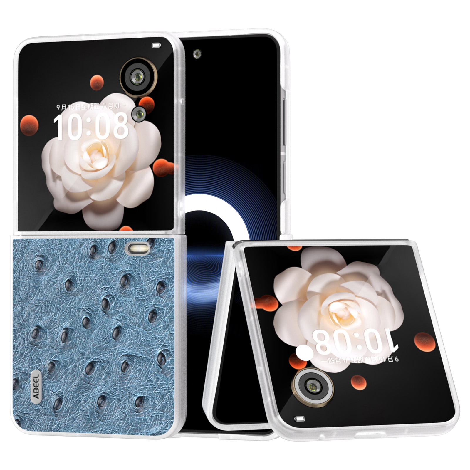 ABEEL For Honor Magic V Flip 5G Case Genuine Cow Leather+PC Hard Phone Cover Clear Matte Edge - Blue