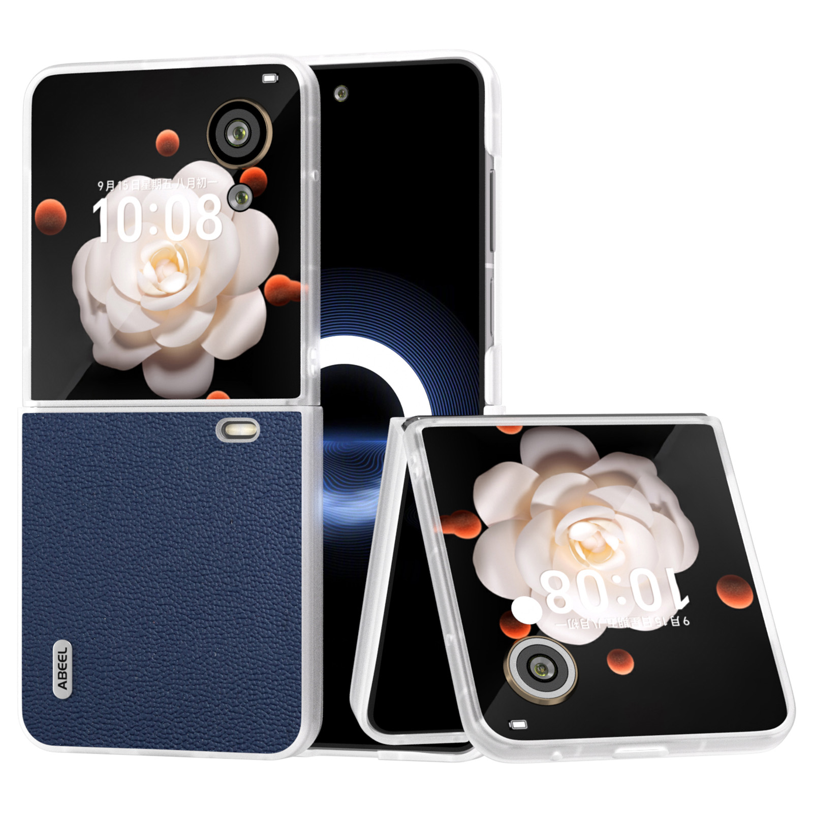 ABEEL For Honor Magic V Flip 5G Slim Case Matte Frame Genuine Cow Leather+PC Phone Cover - Blue